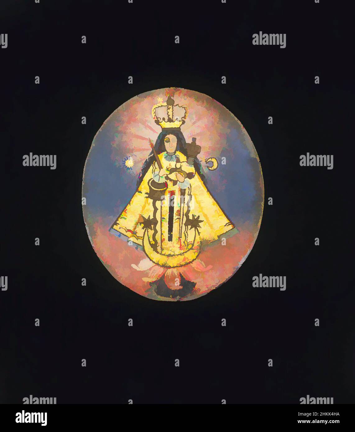 Kunst inspiriert von Painted Medallion, Öl auf Metall, Bolivien, Ende 19th Jahrhundert, oval: 2 1/8 x 1 3/4 in., 5,4 x 4,4 cm, 19th Jahrhundert, Bolivien, Medaillon, ndsp, Öl, Öl auf Metall, Malerei, religiös, Jungfrau, Klassische Werke, die von Artotop mit einem Hauch von Moderne modernisiert wurden. Formen, Farbe und Wert, auffällige visuelle Wirkung auf Kunst. Emotionen durch Freiheit von Kunstwerken auf zeitgemäße Weise. Eine zeitlose Botschaft, die eine wild kreative neue Richtung verfolgt. Künstler, die sich dem digitalen Medium zuwenden und die Artotop NFT erschaffen Stockfoto