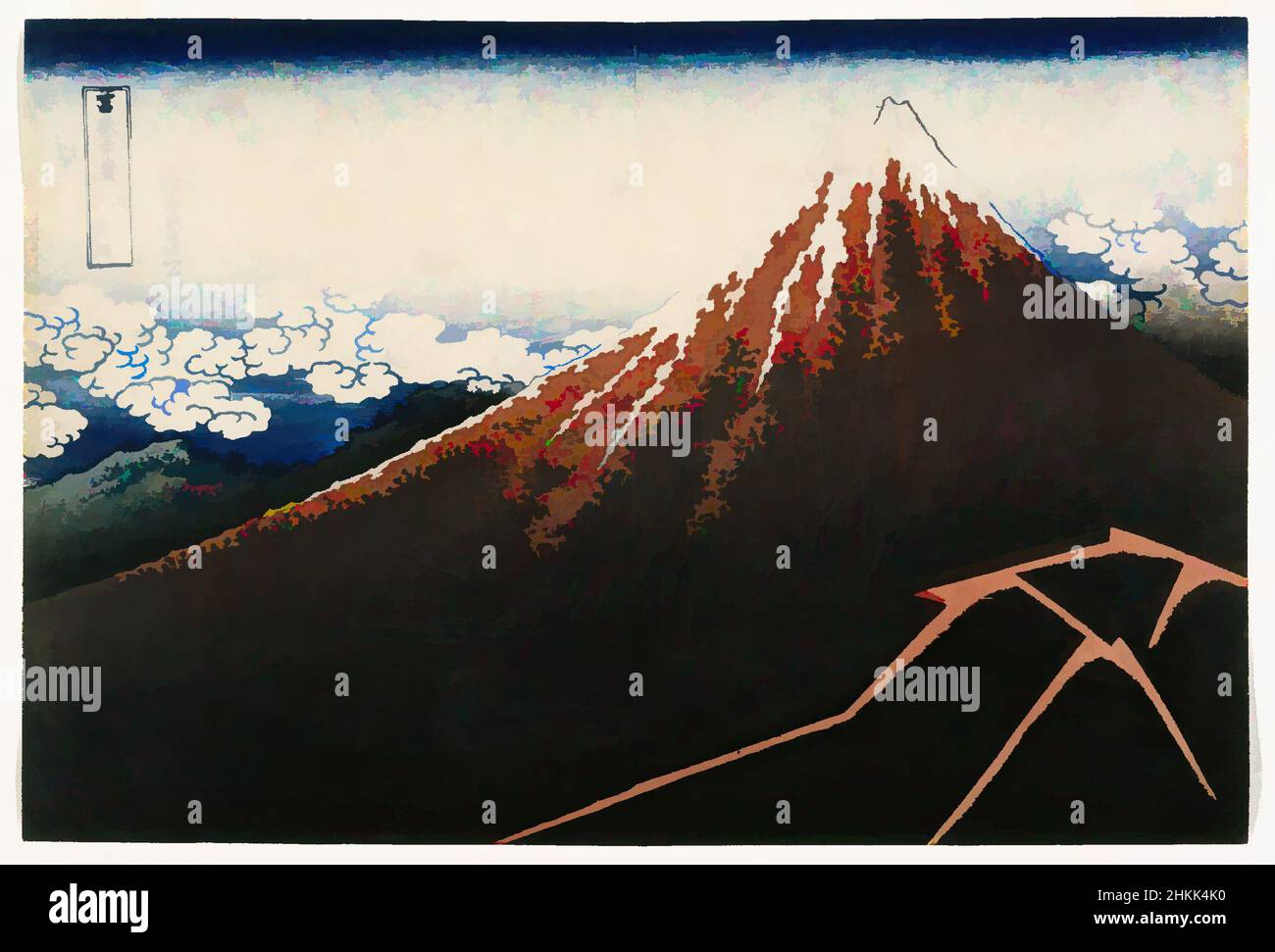 Kunst inspiriert von Regensturm unter dem Gipfel, aus der Serie 36 Ansichten des Fuji-Berges, aus der Serie: '36 Ansichten des Fuji', Katsushika Hokusai, japanisch, 1760-1849, Farbholzschnitt auf Papier, Japan, ca. 1832, Edo-Zeit, 9 7/8 x 14 5/8 Zoll, 25,1 x 37,1 cm, Japan, Klassisches Werk, modernisiert von Artotop mit einem Schuss Moderne. Formen, Farbe und Wert, auffällige visuelle Wirkung auf Kunst. Emotionen durch Freiheit von Kunstwerken auf zeitgemäße Weise. Eine zeitlose Botschaft, die eine wild kreative neue Richtung verfolgt. Künstler, die sich dem digitalen Medium zuwenden und die Artotop NFT erschaffen Stockfoto