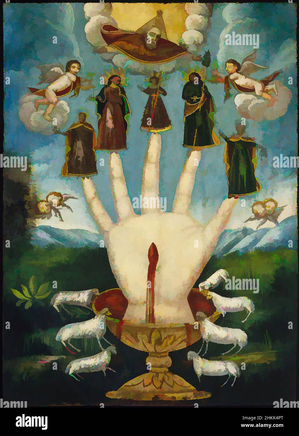 Kunst inspiriert von Mano Poderosa, der Allmächtigen Hand, oder Las Cinco Personas, die fünf Personen, Mexikaner, Öl auf Metall, möglicherweise verzinntes Eisen, Mexiko, 19th Jahrhundert, 13 7/8 x 10 1/16in., 35,2 x 25,6cm, 19th Jahrhundert, Engel, Anne, Blut, Feier, Kelch, Cherubs, Christus, Klassische Werke, die von Artotop mit einem Hauch von Moderne modernisiert wurden. Formen, Farbe und Wert, auffällige visuelle Wirkung auf Kunst. Emotionen durch Freiheit von Kunstwerken auf zeitgemäße Weise. Eine zeitlose Botschaft, die eine wild kreative neue Richtung verfolgt. Künstler, die sich dem digitalen Medium zuwenden und die Artotop NFT erschaffen Stockfoto