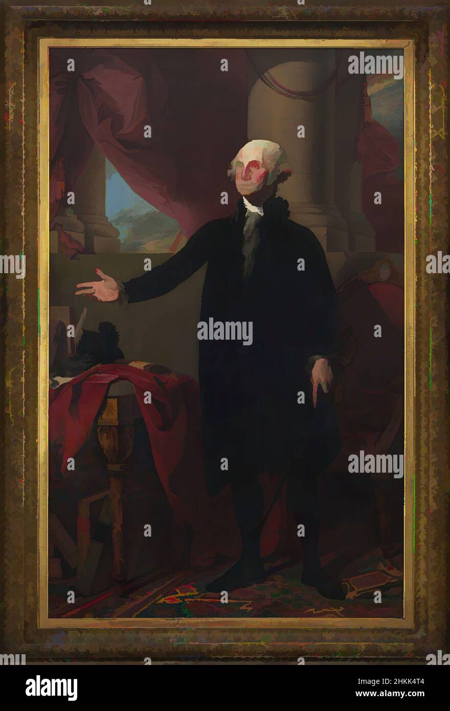 Kunst inspiriert von George Washington, Gilbert Stuart, Amerikaner, 1755-1828, Öl auf Leinwand, 1796, 96 1/4 x 60 1/4 in., 244,5 x 153 cm, amerikanischer Künstler, amerikanisches Öl, amerikanische Malerei, american-Revolution, schwarzer Anzug, klassische Pose, Säule, falsche Zähne, Vater unseres Landes, Classic Works modernisiert von Artotop mit einem Schuss Moderne. Formen, Farbe und Wert, auffällige visuelle Wirkung auf Kunst. Emotionen durch Freiheit von Kunstwerken auf zeitgemäße Weise. Eine zeitlose Botschaft, die eine wild kreative neue Richtung verfolgt. Künstler, die sich dem digitalen Medium zuwenden und die Artotop NFT erschaffen Stockfoto