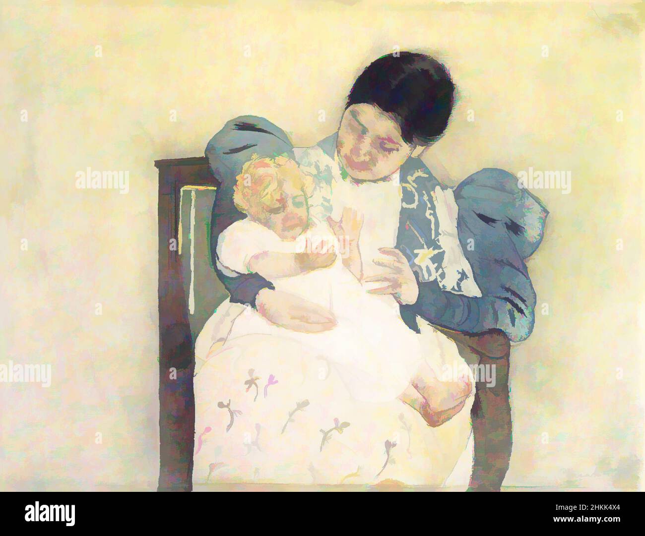 Art inspired by the barfooted Child, Mary Cassatt, American, 1844-1926, Farbdruck mit Trockenpunkt und Aquatinta auf cremefarbenem, mitteldickem, mäßig strukturiertem Papier, ca. 1896-1897, Blatt: 13 1/8 x 16 15/16 Zoll, 33,3 x 43 cm, 19th Jahrhundert, amerikanische Kunst, Baby, barfuß, Blonde, Brunette, Classic Werke von Artotop mit einem Schuss Moderne modernisiert. Formen, Farbe und Wert, auffällige visuelle Wirkung auf Kunst. Emotionen durch Freiheit von Kunstwerken auf zeitgemäße Weise. Eine zeitlose Botschaft, die eine wild kreative neue Richtung verfolgt. Künstler, die sich dem digitalen Medium zuwenden und die Artotop NFT erschaffen Stockfoto