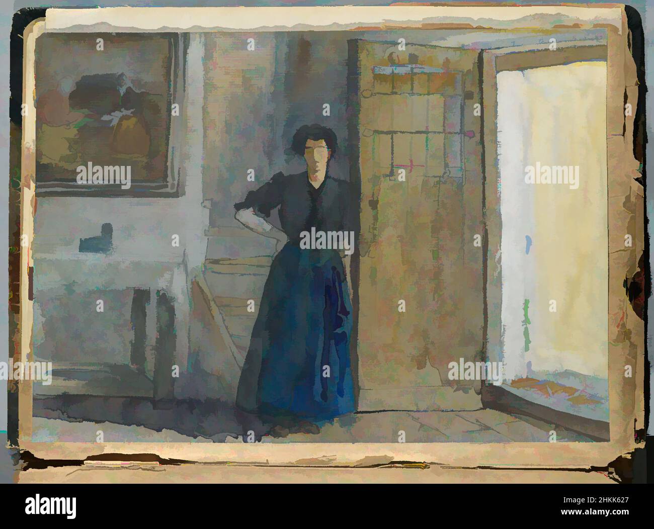 Art Inspired by Spanish Sketch Mounted in Scrap Book, Edward Penfield, American, 1866-1925, Aquarell und Graphit auf Papier Mounted in Scrap Book, ca. 1911, Blatt: 7 15/16 x 11 Zoll, 20,2 x 27,9 cm, Tür, Innenraum, Frau, Klassisches Werk, modernisiert von Artotop mit einem Schuss Moderne. Formen, Farbe und Wert, auffällige visuelle Wirkung auf Kunst. Emotionen durch Freiheit von Kunstwerken auf zeitgemäße Weise. Eine zeitlose Botschaft, die eine wild kreative neue Richtung verfolgt. Künstler, die sich dem digitalen Medium zuwenden und die Artotop NFT erschaffen Stockfoto