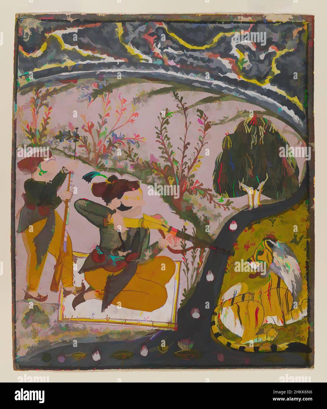 Kunst inspiriert von Hunt Scene, Indisch, opakes Aquarell auf Papier, Südost, Rajasthan, Indien, ca. 1850, Blatt: 8 5/8 x 7 3/8 Zoll, 21,9 x 18,7 cm, Blumen, Jäger, Jagd, Indianer, Lotus, Muskete, Edelmann, Papier, Rajasthan, Gewehr, Diener, Sport, Stream, stilisiert, tiger, Watercolor, Classic Works modernisiert von Artotop mit einem Schuss Moderne. Formen, Farbe und Wert, auffällige visuelle Wirkung auf Kunst. Emotionen durch Freiheit von Kunstwerken auf zeitgemäße Weise. Eine zeitlose Botschaft, die eine wild kreative neue Richtung verfolgt. Künstler, die sich dem digitalen Medium zuwenden und die Artotop NFT erschaffen Stockfoto