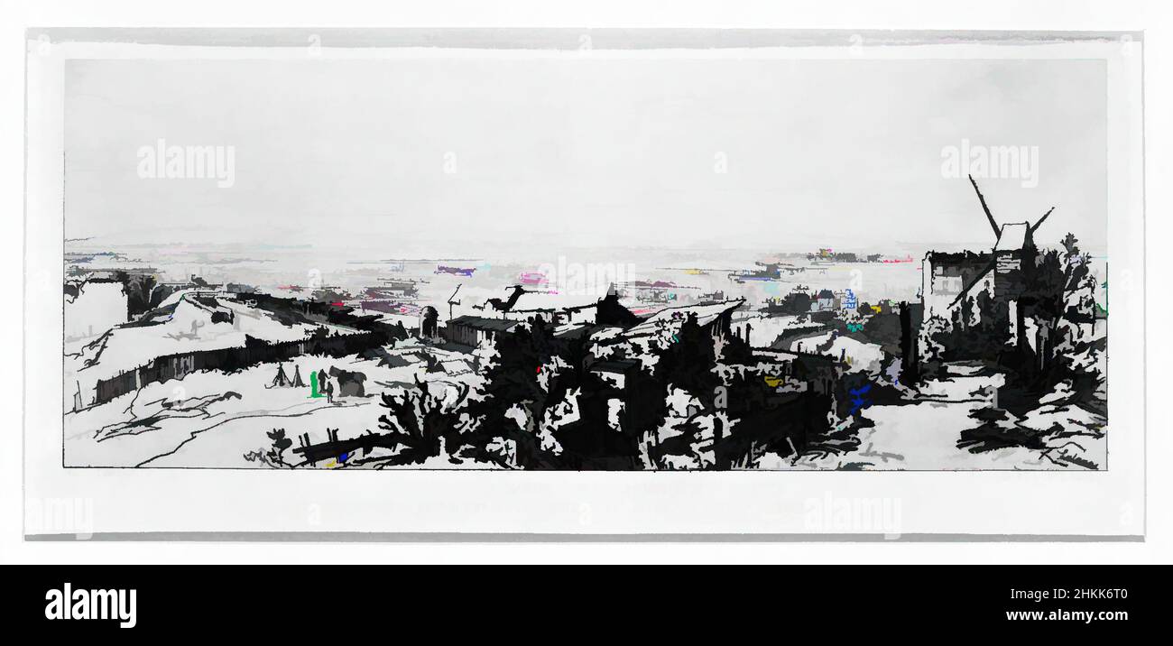 Kunst inspiriert von Batterie De Montmarte Pry Du Moulin De La Galette, Maxime Lalanne, französisch, 1827-1886, Radierung auf Papier, 1870-1871, 4 1/4 x 9 1/2 in., 10,8 x 24,1 cm, altes Paris, Windmühle, Klassische Werke, die von Artotop mit einem Schuss Moderne modernisiert wurden. Formen, Farbe und Wert, auffällige visuelle Wirkung auf Kunst. Emotionen durch Freiheit von Kunstwerken auf zeitgemäße Weise. Eine zeitlose Botschaft, die eine wild kreative neue Richtung verfolgt. Künstler, die sich dem digitalen Medium zuwenden und die Artotop NFT erschaffen Stockfoto