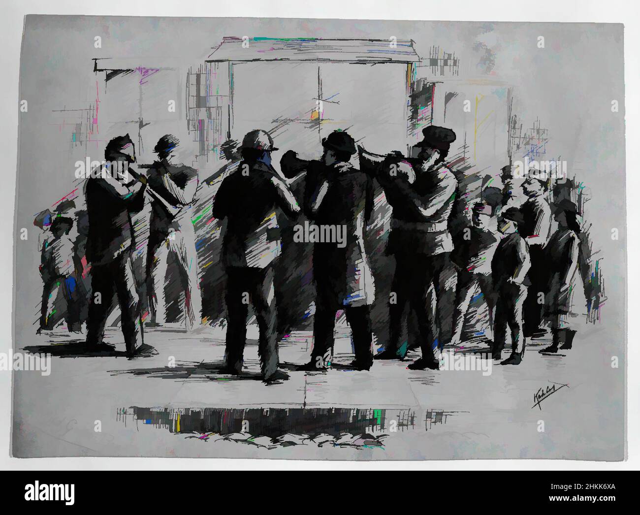 Art Inspired by Mud Gutter Band, Charles W. Kahles, American, 1878-1931, Pen and ink over graphite on paper, March 1892, Sheet: 7 1/2 x 10 3/8 in., 19,1 x 26,4 cm, Classic Works Modernity Modernised by Artotop with a Splash of Modernity. Formen, Farbe und Wert, auffällige visuelle Wirkung auf Kunst. Emotionen durch Freiheit von Kunstwerken auf zeitgemäße Weise. Eine zeitlose Botschaft, die eine wild kreative neue Richtung verfolgt. Künstler, die sich dem digitalen Medium zuwenden und die Artotop NFT erschaffen Stockfoto