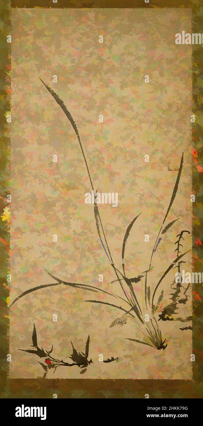 Von Kakemono inspirierte Kunst: Orchideen, Bambus und Dornen - rechte Tafel, Gyokuen Bompo, japanisch, 1348-1420, Tinte auf koreanischem Papier, Japan, Ende 14th-Anfang 15th Jahrhundert, Muromachi-Zeit, Bild: 25 x 12 1/4 in., 63,5 x 31,1 cm, 1348-1420, Bambus, chinesischer Einfluss, Blumen, Gyokuen Bompo, Klassisches Werk, das von Artotop mit einem Schuss Moderne modernisiert wurde. Formen, Farbe und Wert, auffällige visuelle Wirkung auf Kunst. Emotionen durch Freiheit von Kunstwerken auf zeitgemäße Weise. Eine zeitlose Botschaft, die eine wild kreative neue Richtung verfolgt. Künstler, die sich dem digitalen Medium zuwenden und die Artotop NFT erschaffen Stockfoto
