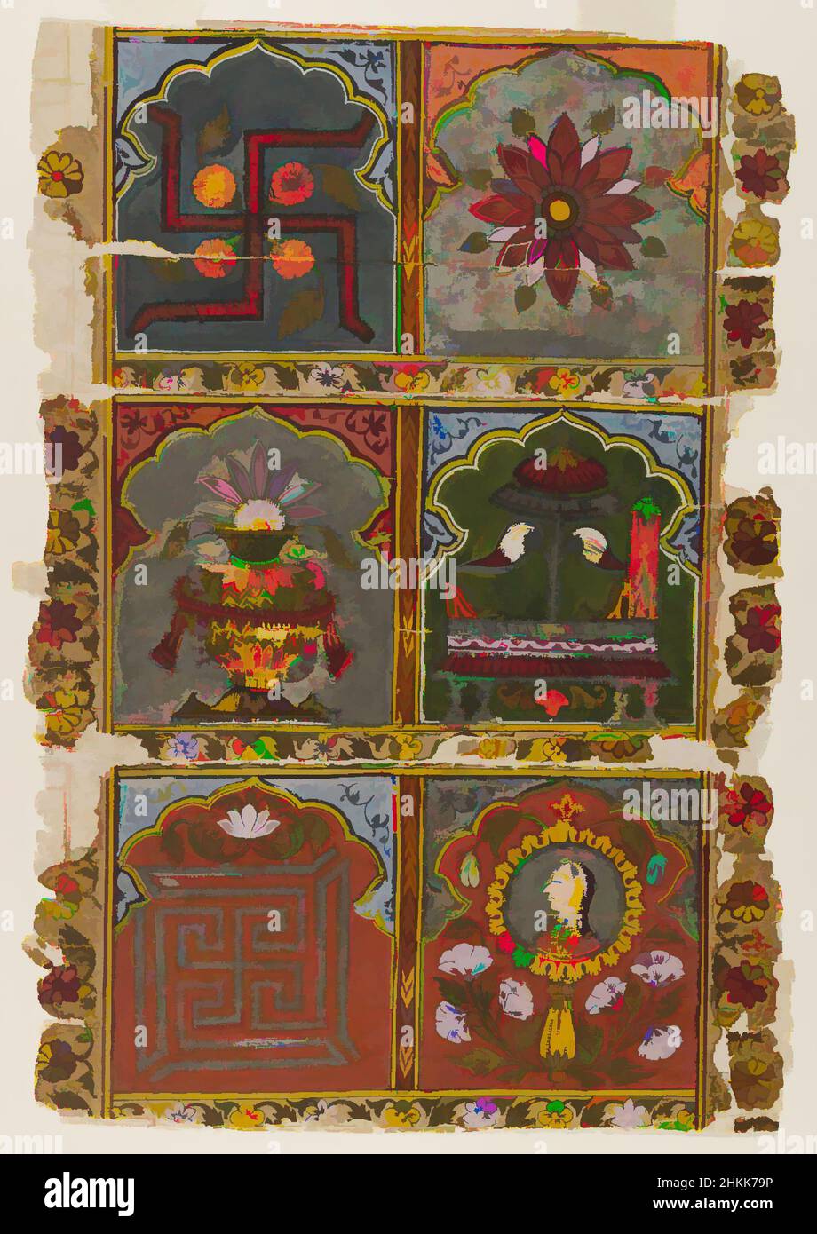 Kunst inspiriert von Fragment eines Jain Vijnaptipatra, indisch, opakes Aquarell auf Papier, Rajasthan, Indien, ca. 1725-1750, Blatt: 12 1/2 x 8 5/8 Zoll, 31,8 x 21,9 cm, Ashtamangala, Bhadrasana, Darpana, Blumen, Einladung, Jain, Kalasha, Lotus, Mewar School, Spiegel, Mönche, Nandyavarta, Papier, Klassische Werke, die von Artotop mit einem Schuss Moderne modernisiert wurden. Formen, Farbe und Wert, auffällige visuelle Wirkung auf Kunst. Emotionen durch Freiheit von Kunstwerken auf zeitgemäße Weise. Eine zeitlose Botschaft, die eine wild kreative neue Richtung verfolgt. Künstler, die sich dem digitalen Medium zuwenden und die Artotop NFT erschaffen Stockfoto