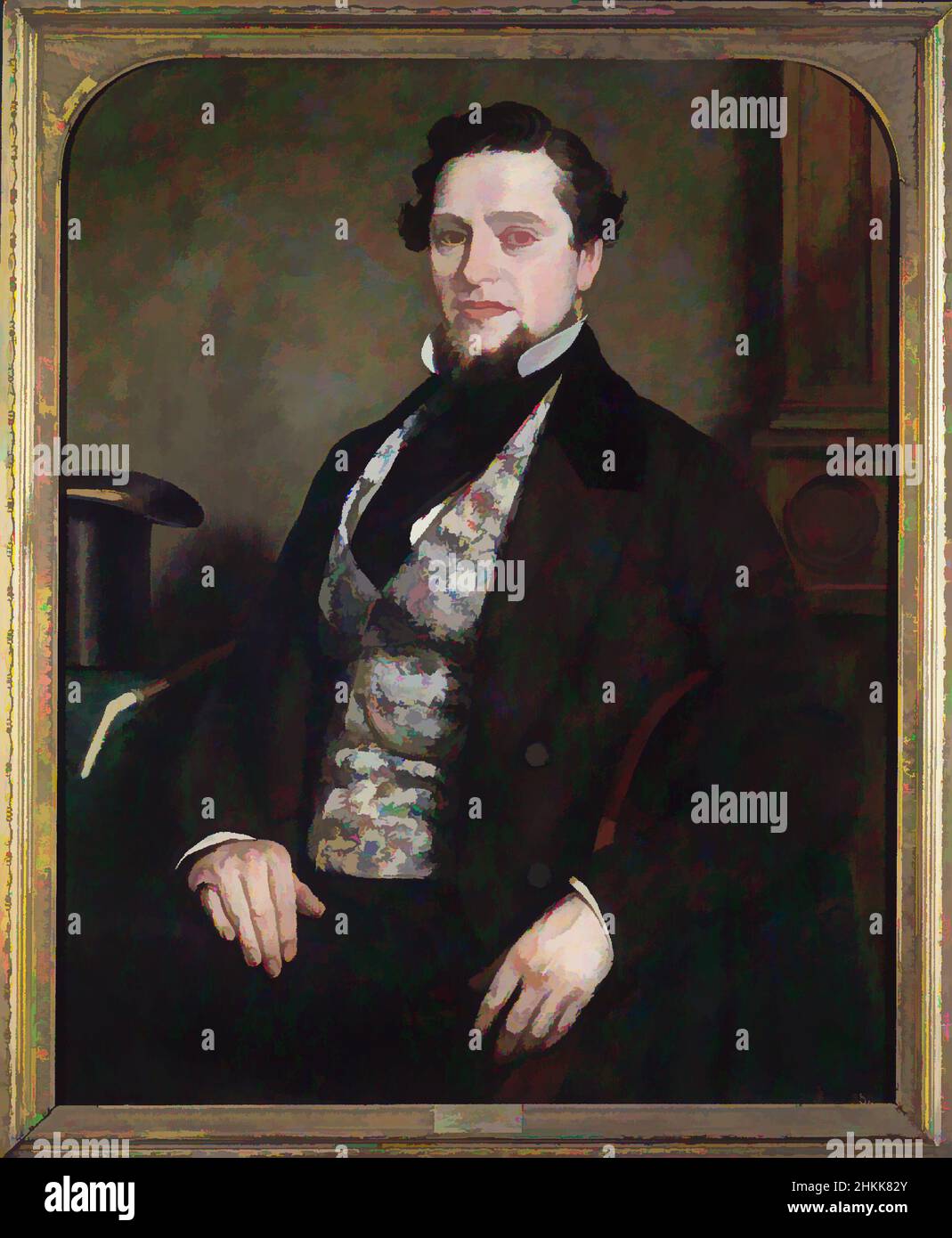 Kunst inspiriert von Portrait of a Gentleman, Seymour Joseph Guy, American, 1824-1910, Öl auf Leinwand, 1855, 35 5/8 x 28 15/16 Zoll, 90,5 x 73,5 cm, Bart, Brokat, Stuhl, Mann, Öl auf Leinwand, Gemälde, Porträt, Ring, sitzend, Hut, Weste, Spazierstock, Classic Works modernisiert von Artotop mit einem Schuss Moderne. Formen, Farbe und Wert, auffällige visuelle Wirkung auf Kunst. Emotionen durch Freiheit von Kunstwerken auf zeitgemäße Weise. Eine zeitlose Botschaft, die eine wild kreative neue Richtung verfolgt. Künstler, die sich dem digitalen Medium zuwenden und die Artotop NFT erschaffen Stockfoto