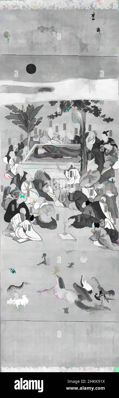 Kunst, inspiriert vom Nehan von Basho, hängende Schriftrolle, Tinte und Farbe auf Seide, Japan, datiert 1831, Edo-Zeit, Bild: 48 1/4 x 16 Zoll, 122,6 x 40,6 cm, Klassische Werke, die von Artotop mit einem Schuss Moderne modernisiert wurden. Formen, Farbe und Wert, auffällige visuelle Wirkung auf Kunst. Emotionen durch Freiheit von Kunstwerken auf zeitgemäße Weise. Eine zeitlose Botschaft, die eine wild kreative neue Richtung verfolgt. Künstler, die sich dem digitalen Medium zuwenden und die Artotop NFT erschaffen Stockfoto