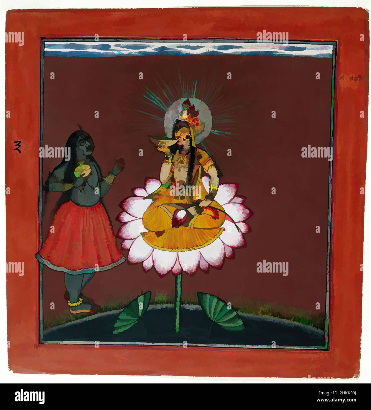 Kunst inspiriert von Siddha Lakshmi mit Kali, Indianer, opak Aquarell, Gold, Silber, Und Käferflügelgehäuse auf Papier, Basohli, Punjab Hills, Indien, ca. 1660-1670, Blatt: 8 5/8 x 8 3/8 Zoll, 21,9 x 21,3 cm, alte Kulturen, Basohli, Devi-Serie, Trinken, Blume, Göttin, Göttin der Zeit, Klassische Werke, die von Artotop mit einem Schuss Moderne modernisiert wurden. Formen, Farbe und Wert, auffällige visuelle Wirkung auf Kunst. Emotionen durch Freiheit von Kunstwerken auf zeitgemäße Weise. Eine zeitlose Botschaft, die eine wild kreative neue Richtung verfolgt. Künstler, die sich dem digitalen Medium zuwenden und die Artotop NFT erschaffen Stockfoto