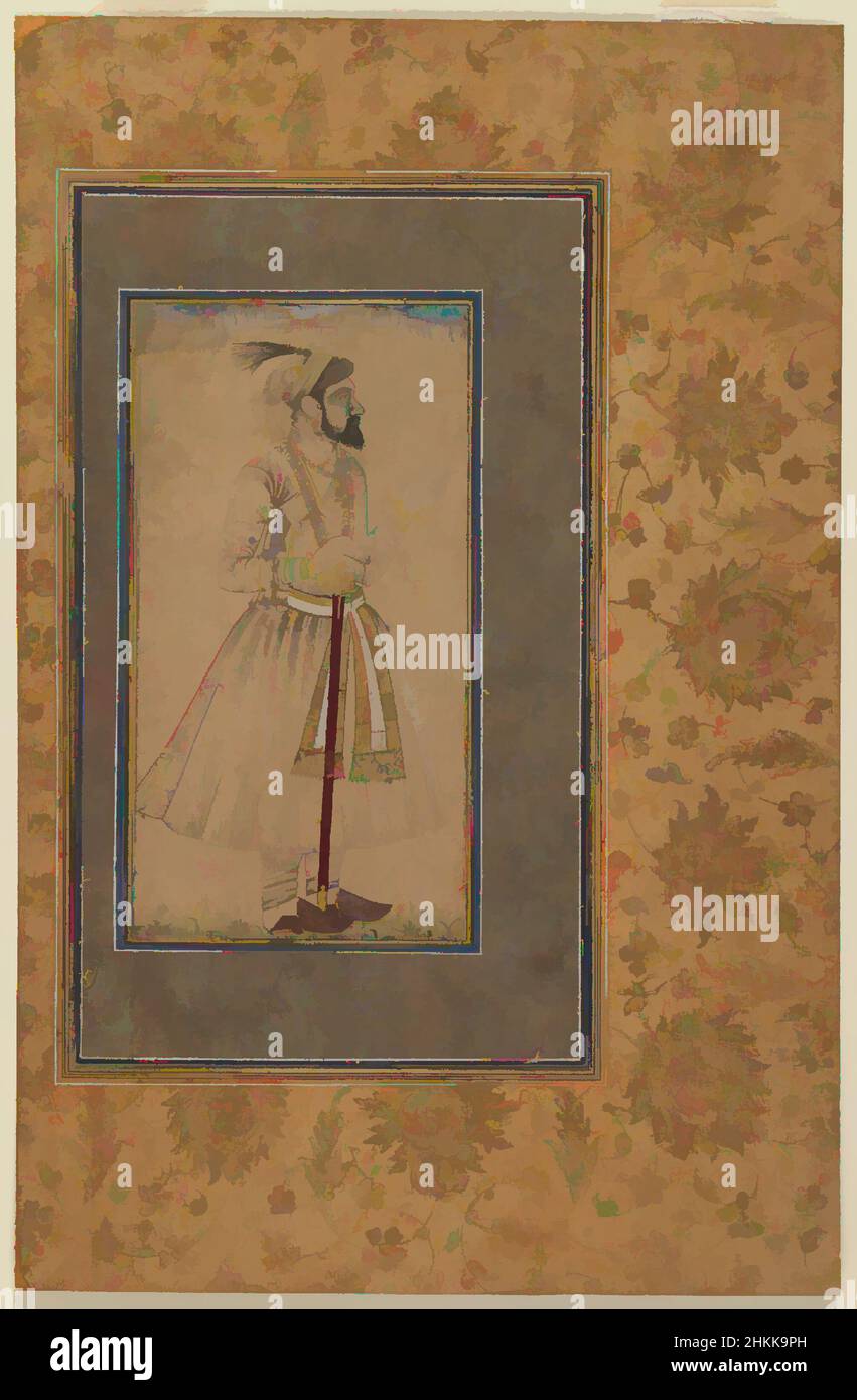 Kunst inspiriert von Portrait of Shah Jahan, möglicherweise, indisch, Tusche Zeichnung mit leichter Farbe auf Papier, montiert auf Gold-gespritzter Grenze, Indien, Ende 17th Jahrhundert, Mughal, Blatt: 12 x 7 7/8 in., 30,5 x 20,0 cm, 17th Jahrhundert, Blumen, Gold, indisch, Tinte, Mann, Mogul, Papier, Persisch, Portrait, Classic Works modernisiert von Artotop mit einem Schuss Moderne. Formen, Farbe und Wert, auffällige visuelle Wirkung auf Kunst. Emotionen durch Freiheit von Kunstwerken auf zeitgemäße Weise. Eine zeitlose Botschaft, die eine wild kreative neue Richtung verfolgt. Künstler, die sich dem digitalen Medium zuwenden und die Artotop NFT erschaffen Stockfoto