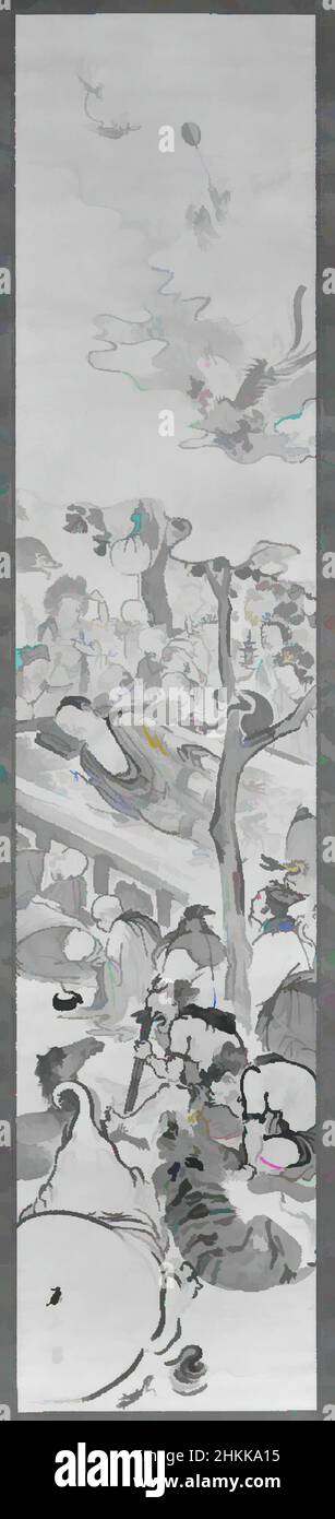 Kunst inspiriert von Nehan, Tod von Buddha, Yokoyama Kazan, Japanisch, 1784-1837, Hängende Schriftrolle; Tusche und Farben auf Papier, Japan, 19th Jahrhundert, Edo-Zeit, 52 1/2 x 11 3/8 Zoll, 133,4 x 28,9 cm, Klassisches Werk, modernisiert von Artotop mit einem Schuss Moderne. Formen, Farbe und Wert, auffällige visuelle Wirkung auf Kunst. Emotionen durch Freiheit von Kunstwerken auf zeitgemäße Weise. Eine zeitlose Botschaft, die eine wild kreative neue Richtung verfolgt. Künstler, die sich dem digitalen Medium zuwenden und die Artotop NFT erschaffen Stockfoto