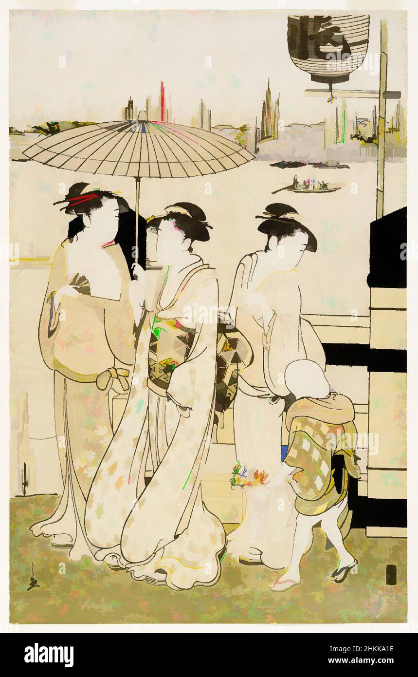 Kunst inspiriert von drei Frauen und einem Jungen entlang des Sumida-Flusses, Eishi Chobunsai, Japanisch, 1756-1829, Farbholzschnitt auf Papier, Japan, 1788-1789, Edo-Periode, 15 1/4 x 9 7/8 Zoll, 38,7 x 25,1 cm, Junge, Edo-Periode, Fukei-ga, Japan, Japanisch, Damen, Landschaft, Natur, Fluss, Ukiyo-e, Classic Works modernisiert von Artotop mit einem Schuss Moderne. Formen, Farbe und Wert, auffällige visuelle Wirkung auf Kunst. Emotionen durch Freiheit von Kunstwerken auf zeitgemäße Weise. Eine zeitlose Botschaft, die eine wild kreative neue Richtung verfolgt. Künstler, die sich dem digitalen Medium zuwenden und die Artotop NFT erschaffen Stockfoto