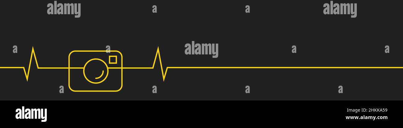 Horizontales Banner der Fotokamera. Herzschlagkardiogramm-Linie. Flache Vektorgrafik isoliert auf schwarzem Hintergrund. Stock Vektor