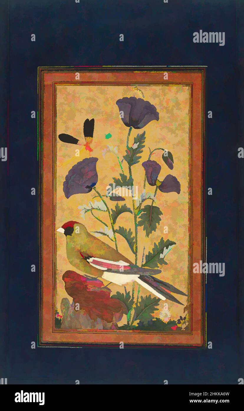 Kunst inspiriert von Finch, Mohnblumen, Fliege und Biene, Indianer, Undurchsichtiges Aquarell und Gold auf Papier, Golconda, Deccan, Indien, 1650-1670, Blatt: 11 1/2 x 7 3/4 Zoll, 29,2 x 19,7 cm, Biene, Vogel, Botanik, Käfer, Deccani, Libelle, Finke, Blume, Blumen, Rahmen, Gold, Indien, Insekten, Klassische Werke, die von Artotop mit einem Hauch von Moderne modernisiert wurden. Formen, Farbe und Wert, auffällige visuelle Wirkung auf Kunst. Emotionen durch Freiheit von Kunstwerken auf zeitgemäße Weise. Eine zeitlose Botschaft, die eine wild kreative neue Richtung verfolgt. Künstler, die sich dem digitalen Medium zuwenden und die Artotop NFT erschaffen Stockfoto
