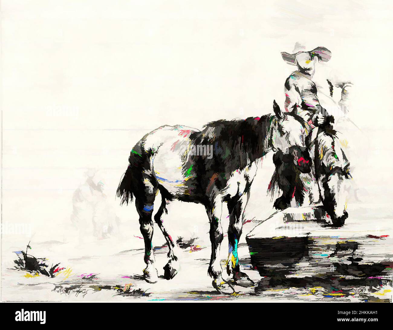 Kunst inspiriert von zwei Pferden an einem Trog, #8 aus der Suite: Zwölf Pferderassen, Dirk Stoop, Niederländisch, 1610-1686, Radieren, 1651, Blatt: 6 5/16 x 8 1/16 Zoll, 16 x 20,5 cm, Klassisches Werk, modernisiert von Artotop mit einem Schuss Moderne. Formen, Farbe und Wert, auffällige visuelle Wirkung auf Kunst. Emotionen durch Freiheit von Kunstwerken auf zeitgemäße Weise. Eine zeitlose Botschaft, die eine wild kreative neue Richtung verfolgt. Künstler, die sich dem digitalen Medium zuwenden und die Artotop NFT erschaffen Stockfoto