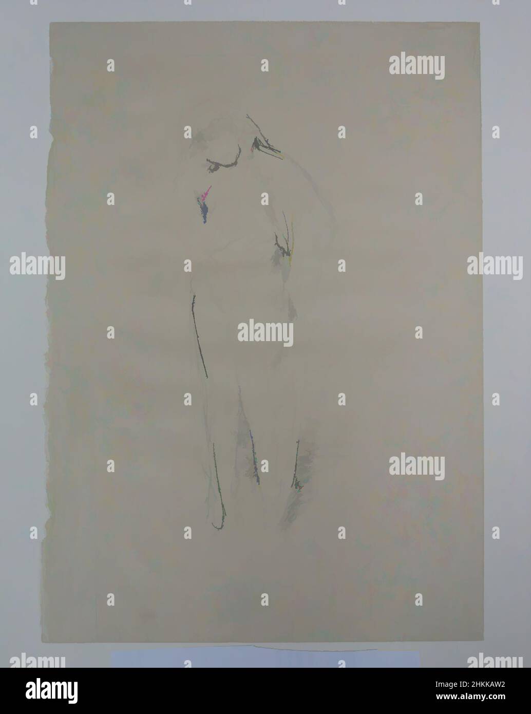 Art Inspired by Draped Figure Standing, James Abbott McNeill Whistler, American, 1834-1903, Lithograph, 1891, 11 7/8 x 8 3/8 Zoll, 30,2 x 21,3 cm, Classic Works modernisiert von Artotop mit einem Schuss Moderne. Formen, Farbe und Wert, auffällige visuelle Wirkung auf Kunst. Emotionen durch Freiheit von Kunstwerken auf zeitgemäße Weise. Eine zeitlose Botschaft, die eine wild kreative neue Richtung verfolgt. Künstler, die sich dem digitalen Medium zuwenden und die Artotop NFT erschaffen Stockfoto