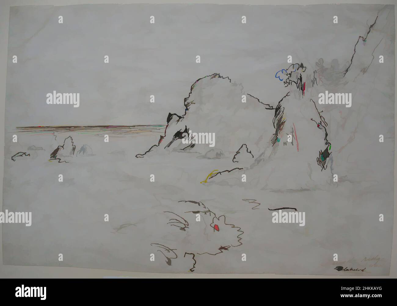 Kunst inspiriert von Nevada Ridge, California Coast, Ralph Albert Blakelock, Amerikaner, 1847-1919, Stift, Tinte und Graphit auf Papier, ca. 1869-1871, Blatt: 7 3/4 x 11 1/8 Zoll, 19,7 x 28,3 cm, Klassisches Werk, modernisiert von Artotop mit einem Schuss Moderne. Formen, Farbe und Wert, auffällige visuelle Wirkung auf Kunst. Emotionen durch Freiheit von Kunstwerken auf zeitgemäße Weise. Eine zeitlose Botschaft, die eine wild kreative neue Richtung verfolgt. Künstler, die sich dem digitalen Medium zuwenden und die Artotop NFT erschaffen Stockfoto