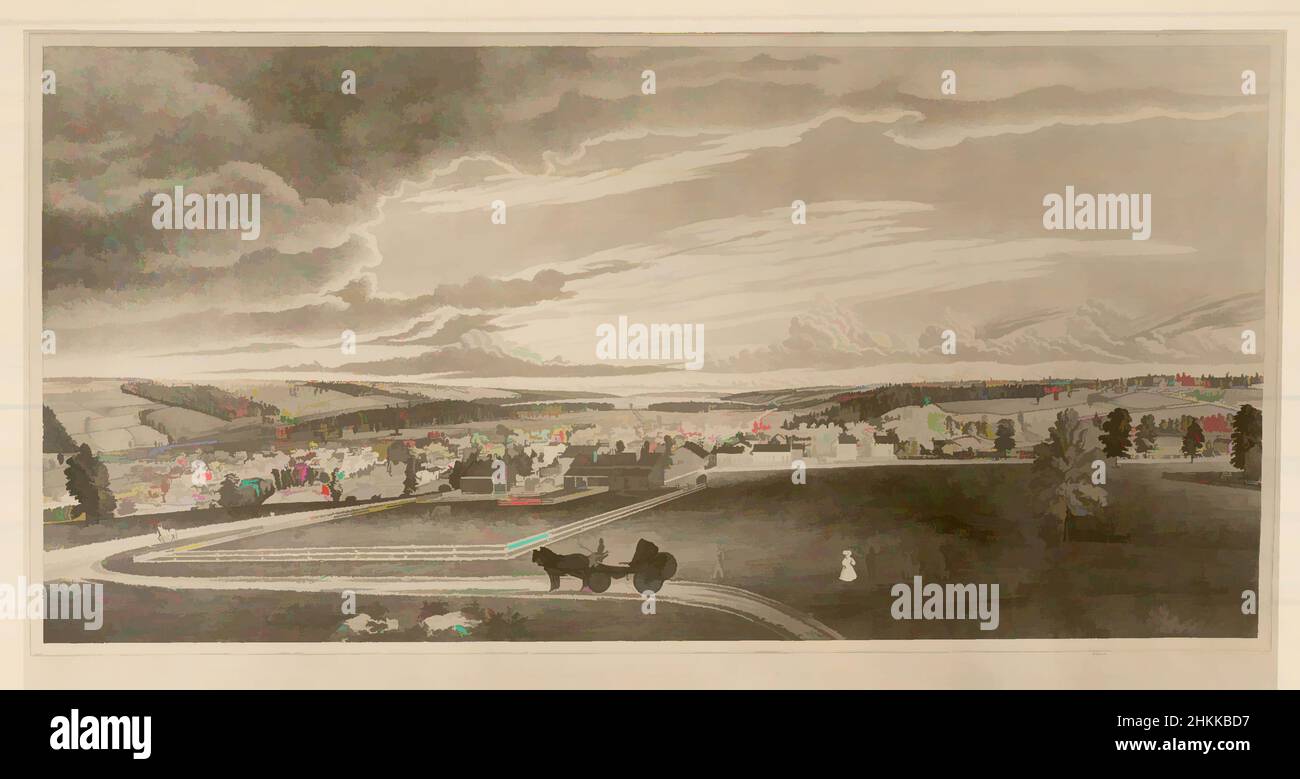 Kunst inspiriert von East View of Ithaca, Henry Walton, Amerikaner, 1820-1873, Lithograph, Halbhandkolorierung auf Seidenpapier, 1837, 11 3/4 x 25 5/8 Zoll, 29,9 x 65,1 cm, Klassisches Werk, modernisiert von Artotop mit einem Schuss Modernität. Formen, Farbe und Wert, auffällige visuelle Wirkung auf Kunst. Emotionen durch Freiheit von Kunstwerken auf zeitgemäße Weise. Eine zeitlose Botschaft, die eine wild kreative neue Richtung verfolgt. Künstler, die sich dem digitalen Medium zuwenden und die Artotop NFT erschaffen Stockfoto