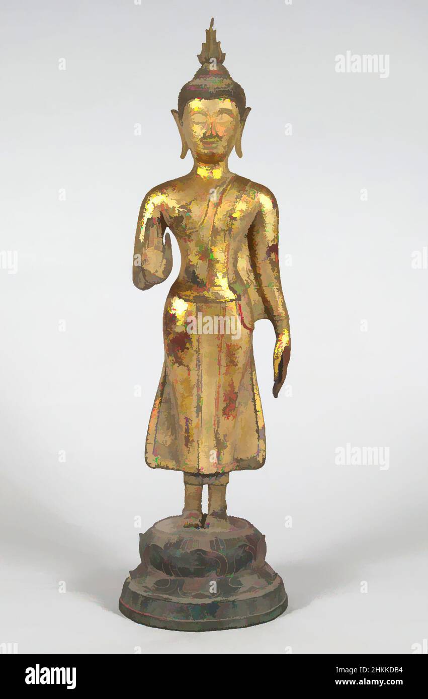 Kunst inspiriert von Standing Buddha, vergoldete Bronze, polychrome, 18 7/8 x 5 1/2 x 5 Zoll, 47,9 x 14 x 12,7 cm, Bronze, Buddha, polychrome, Klassisches Werk, modernisiert von Artotop mit einem Schuss Moderne. Formen, Farbe und Wert, auffällige visuelle Wirkung auf Kunst. Emotionen durch Freiheit von Kunstwerken auf zeitgemäße Weise. Eine zeitlose Botschaft, die eine wild kreative neue Richtung verfolgt. Künstler, die sich dem digitalen Medium zuwenden und die Artotop NFT erschaffen Stockfoto