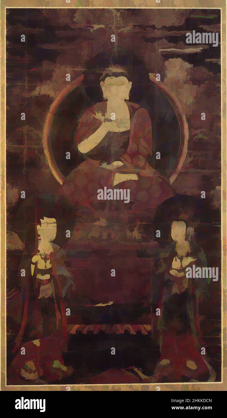 Kunst inspiriert von Amitabha Buddha Triad, hängende Schriftrolle, Tinte, Farbe und Gold auf Hanf, Korea, ca. 16th. Jahrhundert, Joseon-Dynastie, Bild: 36 5/16 x 20 7/8 Zoll, 92,2 x 53 cm, Amitabha, Asiatische Kunst, Blau, Bodhisattva, Buddha, Buddhismus, Gold, Grün, Hanf, Tinte, Joseon, König, Korea, Koreanisch, Klassische Werke, die von Artotop mit einem Hauch von Moderne modernisiert wurden. Formen, Farbe und Wert, auffällige visuelle Wirkung auf Kunst. Emotionen durch Freiheit von Kunstwerken auf zeitgemäße Weise. Eine zeitlose Botschaft, die eine wild kreative neue Richtung verfolgt. Künstler, die sich dem digitalen Medium zuwenden und die Artotop NFT erschaffen Stockfoto