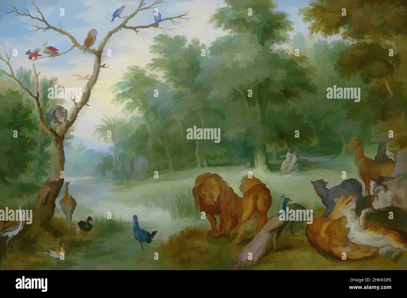 Kunst inspiriert vom Paradies mit dem Fall von Adam und Eva, Jan Brueghel de Jonge, mogelijk, c. 1630, Classic Works modernisiert von Artotop mit einem Schuss Moderne. Formen, Farbe und Wert, auffällige visuelle Wirkung auf Kunst. Emotionen durch Freiheit von Kunstwerken auf zeitgemäße Weise. Eine zeitlose Botschaft, die eine wild kreative neue Richtung verfolgt. Künstler, die sich dem digitalen Medium zuwenden und die Artotop NFT erschaffen Stockfoto
