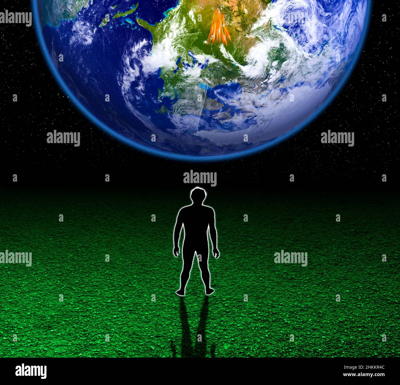 Silhouette eines Mannes, der die Erde anschaut, Illustration Stockfoto