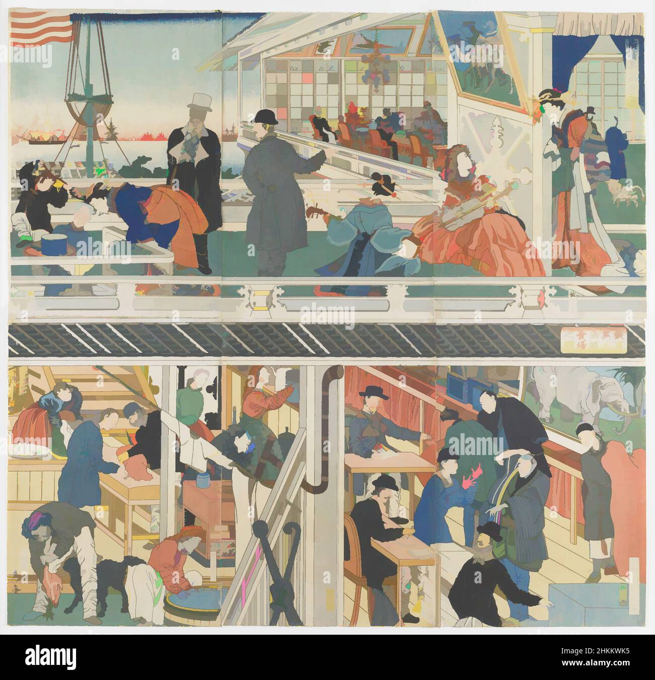 Kunst inspiriert von Bild eines Verkaufsraums in einer ausländischen Handelsfirma in Yokohama, Utagawa Sadahide, japanisch, 1807-1873, Edo-Zeit, 1615-1868, Sanoya Kihei, japanisch, aktiv Mitte des 19th. Jahrhunderts, 1861, Hexaptychon von Farbholzschnitten, hergestellt in Japan, Asien, Drucke, insgesamt: 29 x 29 7/8 cm, Klassisches Werk, modernisiert von Artotop mit einem Schuss Moderne. Formen, Farbe und Wert, auffällige visuelle Wirkung auf Kunst. Emotionen durch Freiheit von Kunstwerken auf zeitgemäße Weise. Eine zeitlose Botschaft, die eine wild kreative neue Richtung verfolgt. Künstler, die sich dem digitalen Medium zuwenden und die Artotop NFT erschaffen Stockfoto