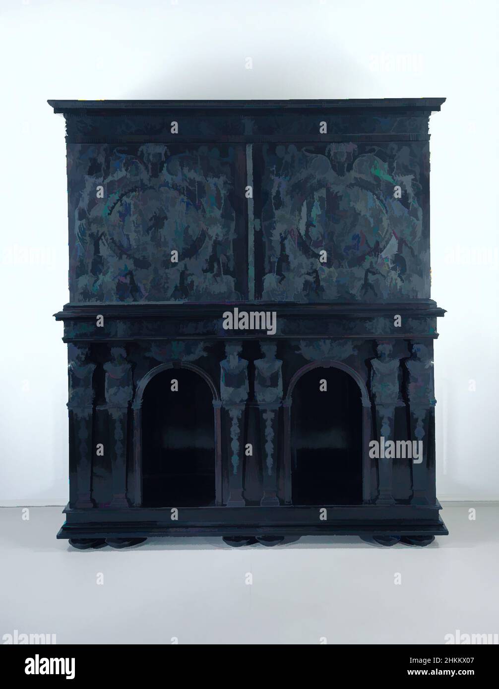 Art inspired by Cabinet on stand, gravur by Giorgio Ghisi, Italiana, 1520-1582, drawing by Giulio Romano, Italiana, c.1499-1546, painting by Titian (Tiziano Vecellio), Italiana, c.1485-90-1576, French, cabinet c.1640-60, stand 1850-70, Ebony, nussbaum, Eiche, Nadelbaum und andere Hölzer, vergoldet, Klassische Werke, modernisiert von Artotop mit einem Schuss Modernität. Formen, Farbe und Wert, auffällige visuelle Wirkung auf Kunst. Emotionen durch Freiheit von Kunstwerken auf zeitgemäße Weise. Eine zeitlose Botschaft, die eine wild kreative neue Richtung verfolgt. Künstler, die sich dem digitalen Medium zuwenden und die Artotop NFT erschaffen Stockfoto