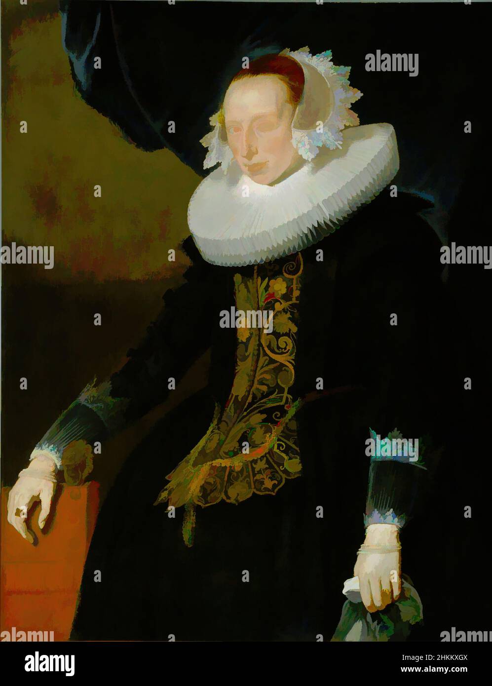 Kunst inspiriert von Portrait of a Woman, zugeschrieben Pieter Claesz. Soutman, Niederländisch, c.1580-1657, 1625-30, Öl auf Leinwand, Hergestellt in den Niederlanden, Europa, Gemälde, 46 1/2 x 36 Zoll (118,1 x 91,4 cm, Classic Works modernisiert von Artotop mit einem Schuss Modernität. Formen, Farbe und Wert, auffällige visuelle Wirkung auf Kunst. Emotionen durch Freiheit von Kunstwerken auf zeitgemäße Weise. Eine zeitlose Botschaft, die eine wild kreative neue Richtung verfolgt. Künstler, die sich dem digitalen Medium zuwenden und die Artotop NFT erschaffen Stockfoto