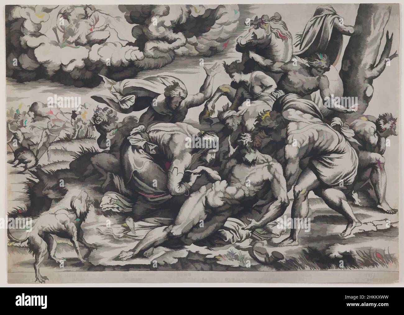 Kunst inspiriert vom Tod von Meleager, möglicherweise nach einer Zeichnung von Francesco Salviati, italienisch, 1510-1563, Girolamo Faccioli zugeschrieben, italienisch, aktiv um 1530, gestorben 1573, 1543, Gravur mit Trockenpunkt, hergestellt in Italien, Europa, Drucke, Bild: 11 5/8 x 16 3/8 Zoll (29,5 x 41,6 cm, Classic Works modernisiert von Artotop mit einem Schuss Modernität. Formen, Farbe und Wert, auffällige visuelle Wirkung auf Kunst. Emotionen durch Freiheit von Kunstwerken auf zeitgemäße Weise. Eine zeitlose Botschaft, die eine wild kreative neue Richtung verfolgt. Künstler, die sich dem digitalen Medium zuwenden und die Artotop NFT erschaffen Stockfoto