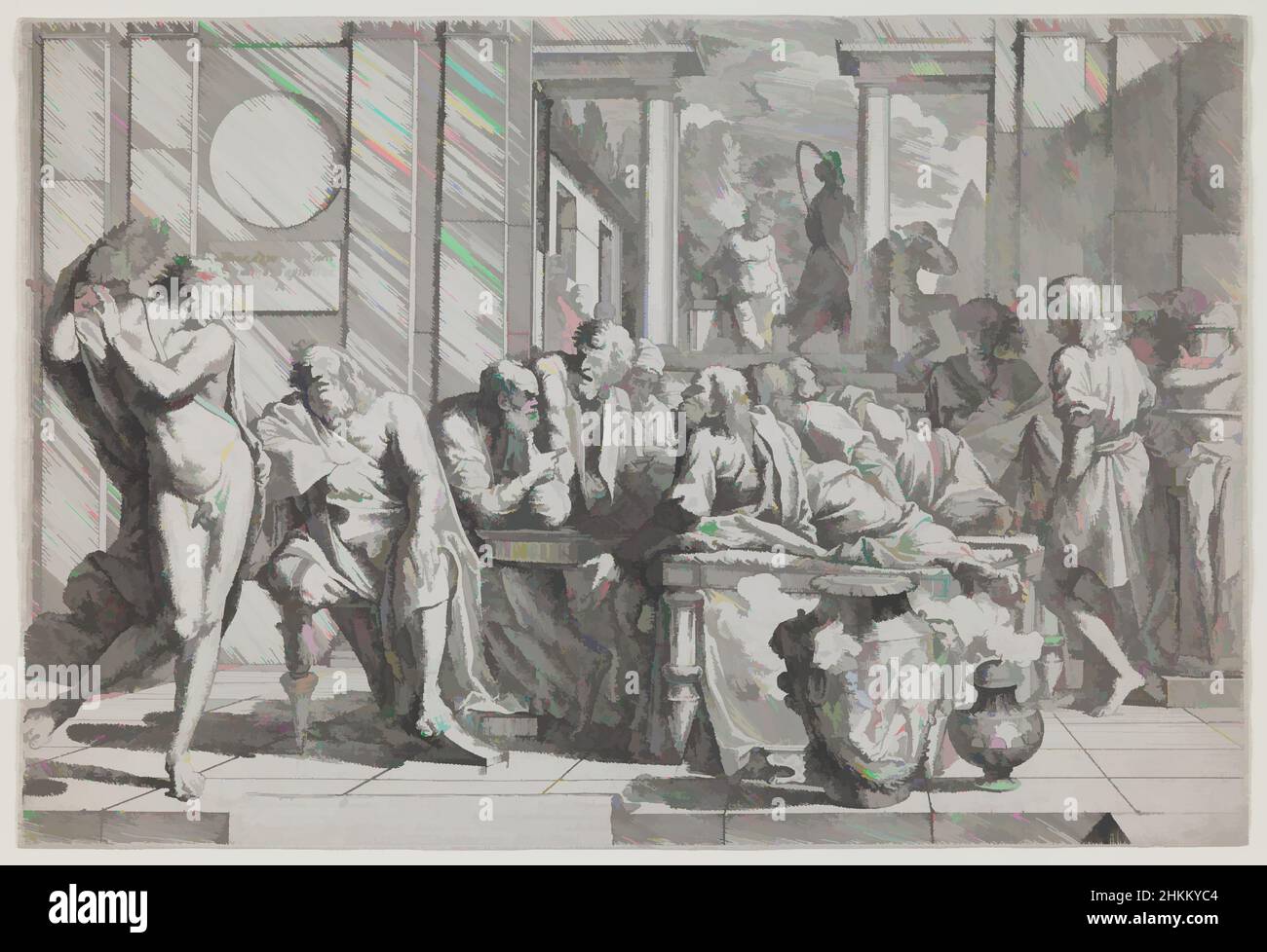 Kunst inspiriert vom Symposium, Pietro Testa, Italienisch, 1612-1650, 1648, Radierung, hergestellt in Italien, Europa, Drucke, Bild (unregelmäßig): 10 1/8 x 15 1/8 Zoll (25,7 x 38,4 cm, Classic Works modernisiert von Artotop mit einem Schuss Modernität. Formen, Farbe und Wert, auffällige visuelle Wirkung auf Kunst. Emotionen durch Freiheit von Kunstwerken auf zeitgemäße Weise. Eine zeitlose Botschaft, die eine wild kreative neue Richtung verfolgt. Künstler, die sich dem digitalen Medium zuwenden und die Artotop NFT erschaffen Stockfoto