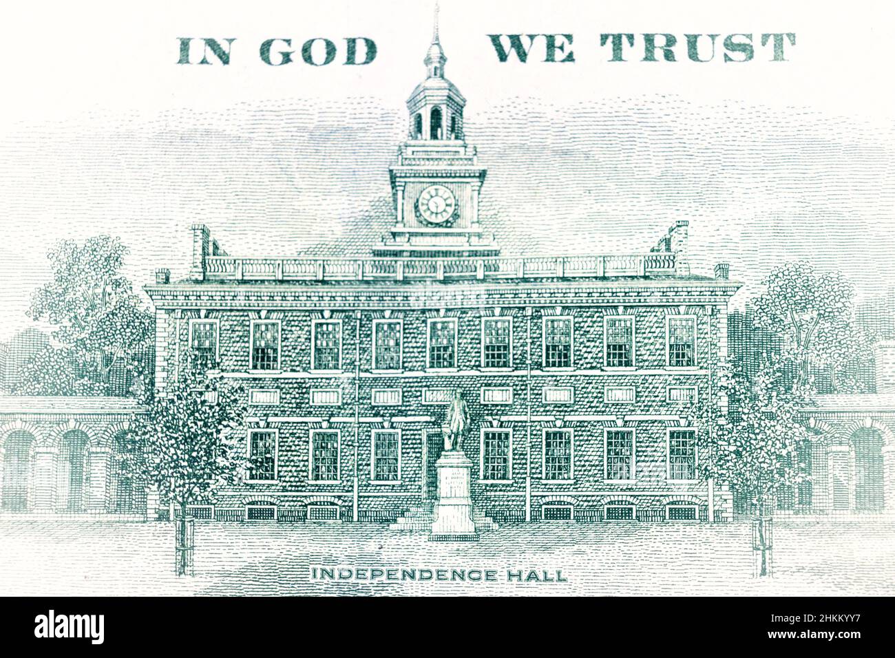 Vereinigte Staaten neue 100 Dollar Banknote zurück Independence Hall Fragment. Hundert-Dollar-Rechnungsfragment auf Makro Stockfoto