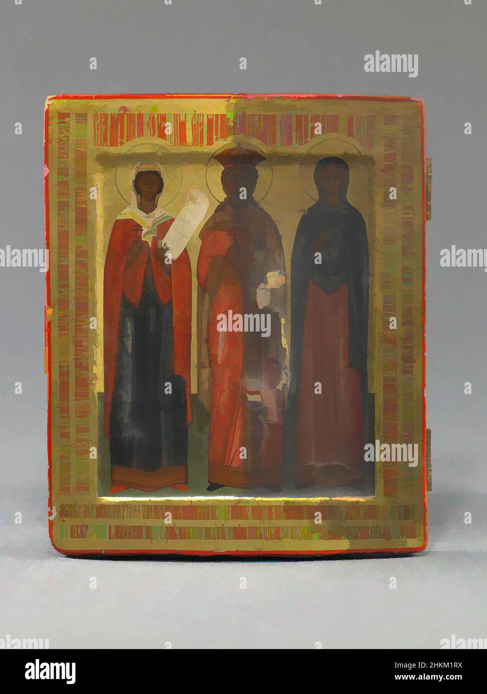 Kunst inspiriert von Menologion Icon mit St. Paraskeve, Catherine und Anastasia, russisch, Ende 17th. Jahrhundert, Tempera auf Holz, hergestellt in Russland, Europa, Gemälde, 9 1/4 x 7 1/2 Zoll (23,5 x 19,1 cm, Classic Works modernisiert von Artotop mit einem Schuss Modernität. Formen, Farbe und Wert, auffällige visuelle Wirkung auf Kunst. Emotionen durch Freiheit von Kunstwerken auf zeitgemäße Weise. Eine zeitlose Botschaft, die eine wild kreative neue Richtung verfolgt. Künstler, die sich dem digitalen Medium zuwenden und die Artotop NFT erschaffen Stockfoto