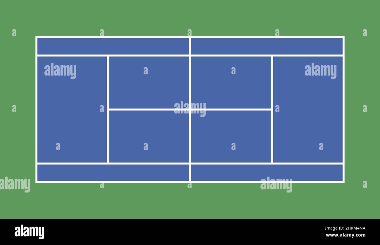 Grundrisse des Tennisplatzes, blauer Boden, weiße Linie, grüner Hintergrund, Draufsicht. Leeres Feld, Designelement Stockfoto