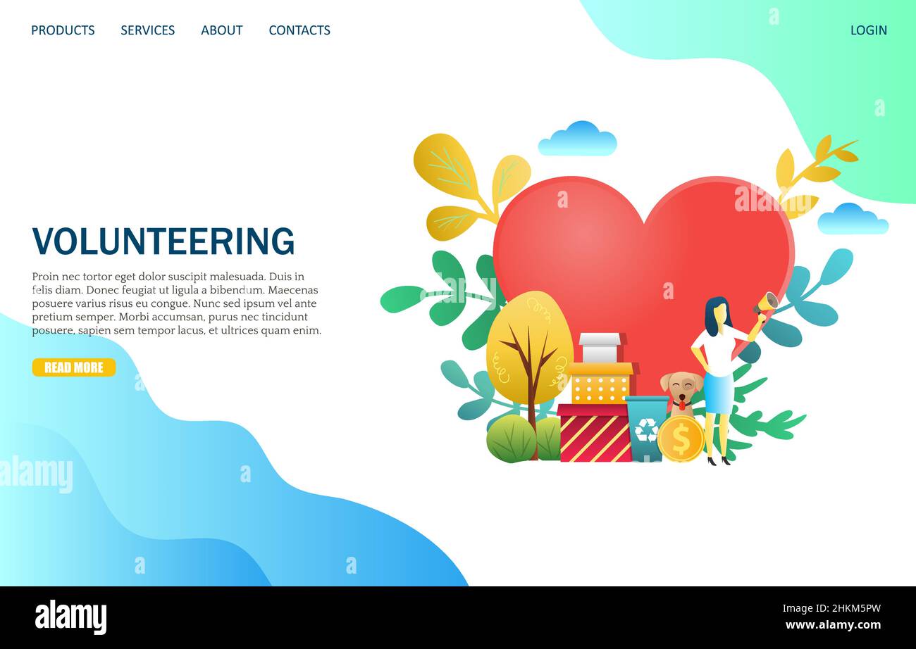 Vorlage für die Gestaltung von Landing Page-Vorlagen für ehrenamtliche Tätigkeiten auf Vektorwebseiten Stock Vektor