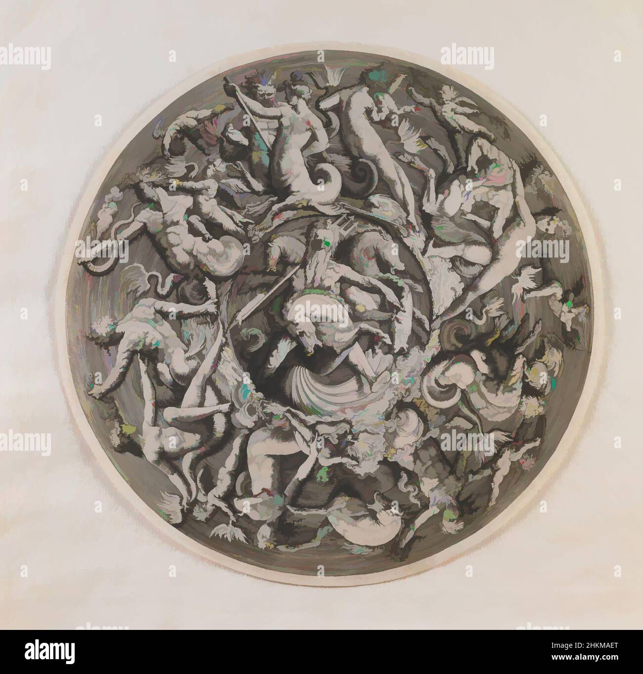 Kunst inspiriert von Neptuns Königreich, Willem van Tetrode, Niederländisch, ca. 1525–1580, Jacob de Gheyn II, Flämisch, 1565–1629, 1587, Gravur, Haarlem, Niederlande, Europa, Drucke, Platte (Durchmesser): 9 13/16 Zoll (25 cm, Classic Works modernisiert von Artotop mit einem Schuss Moderne. Formen, Farbe und Wert, auffällige visuelle Wirkung auf Kunst. Emotionen durch Freiheit von Kunstwerken auf zeitgemäße Weise. Eine zeitlose Botschaft, die eine wild kreative neue Richtung verfolgt. Künstler, die sich dem digitalen Medium zuwenden und die Artotop NFT erschaffen Stockfoto