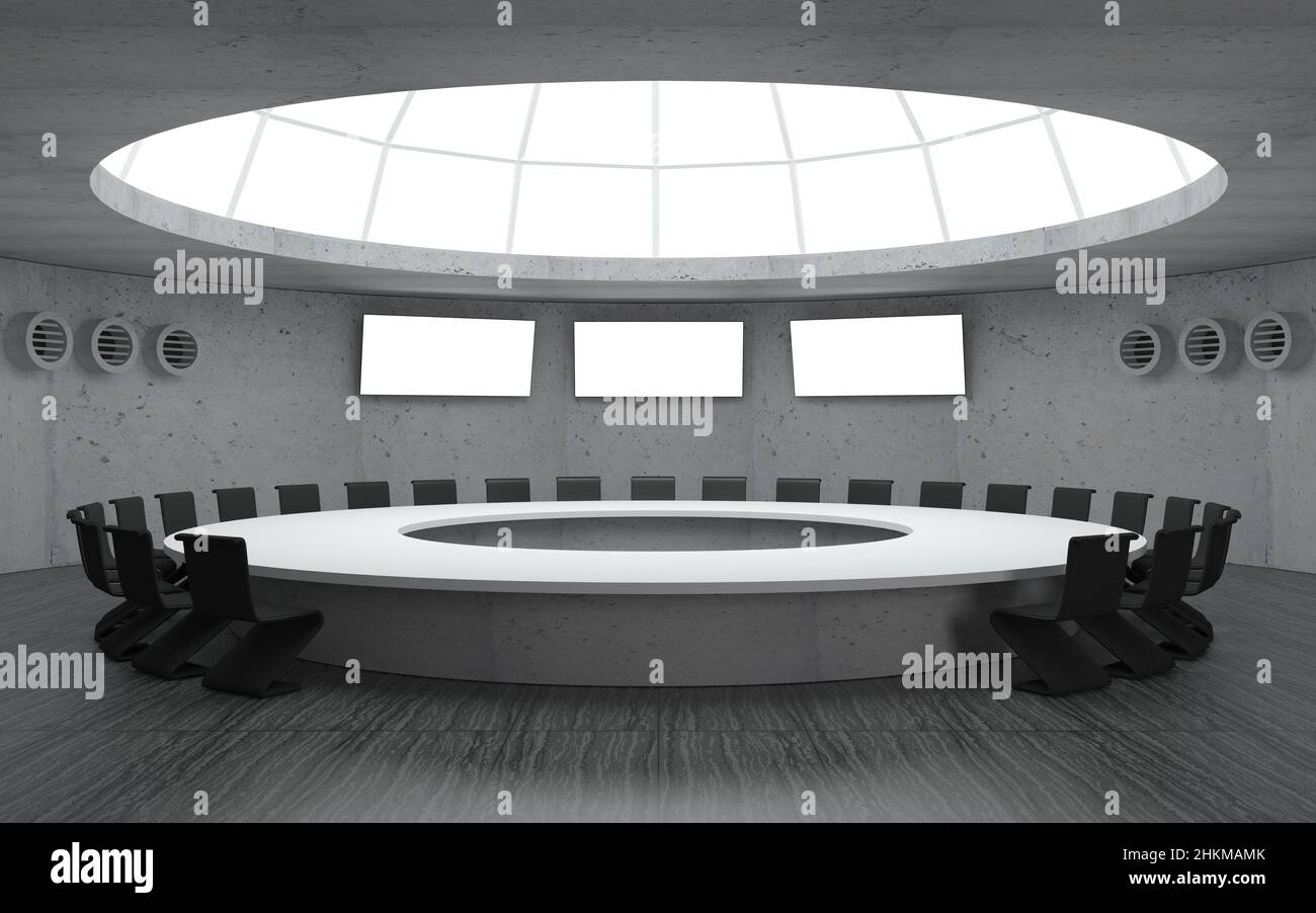 3D Abbildung. Konferenzraum für Meetings mit einer runden Kuppel und einem großen Tisch. Geheimer unterirdischer Militärbunker Stockfoto