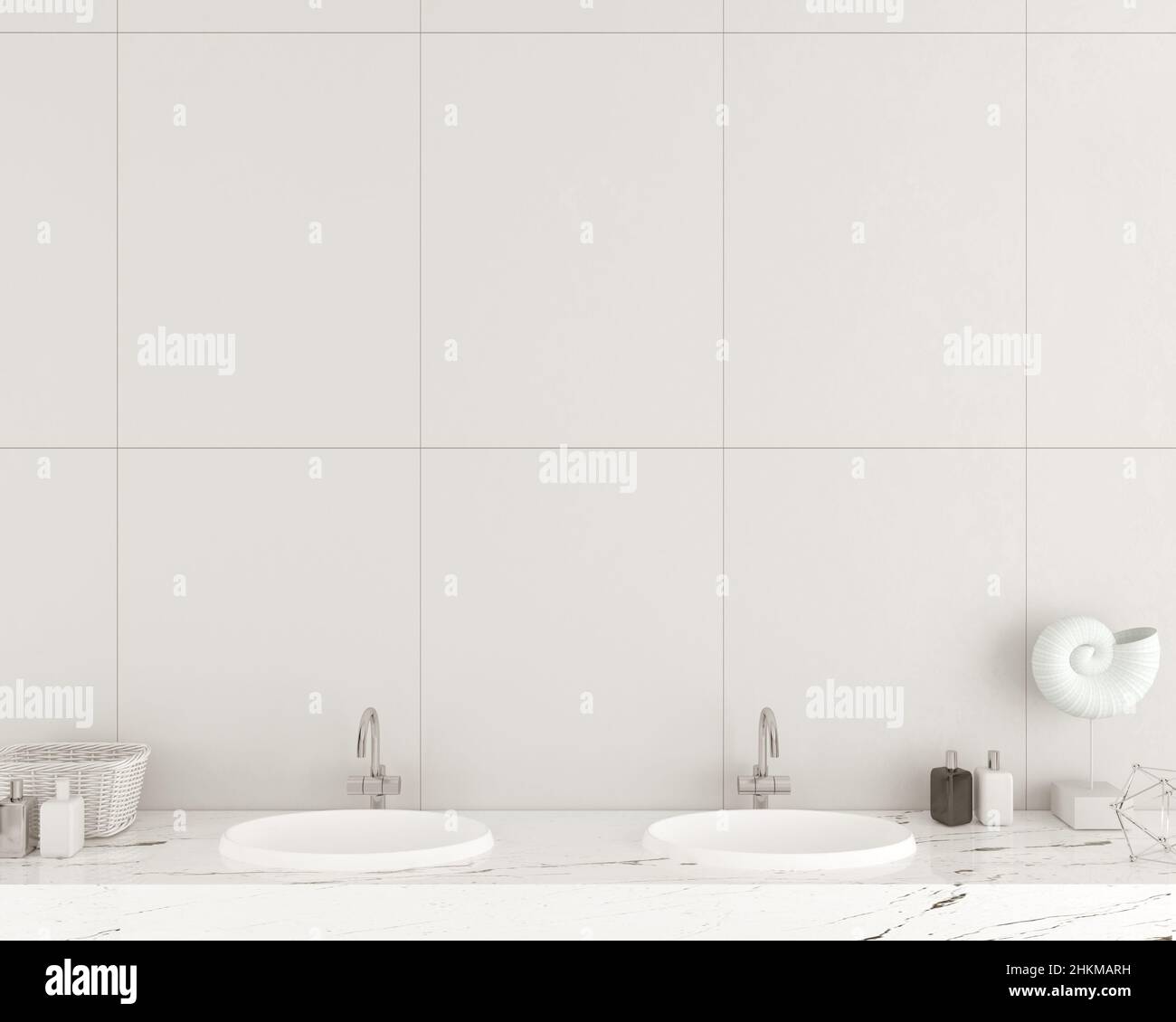 Moderne Badezimmerwand aus weißen Fliesen. Waschbecken Stockfoto