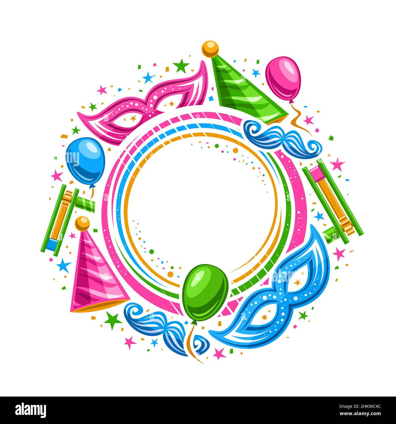 Vektorrahmen für Purim Carnival mit Textrahmen, Kreiskonzept mit Illustration der Vielfalt lebendige purim-Symbole, dekorative Konfetti und ca. Stock Vektor