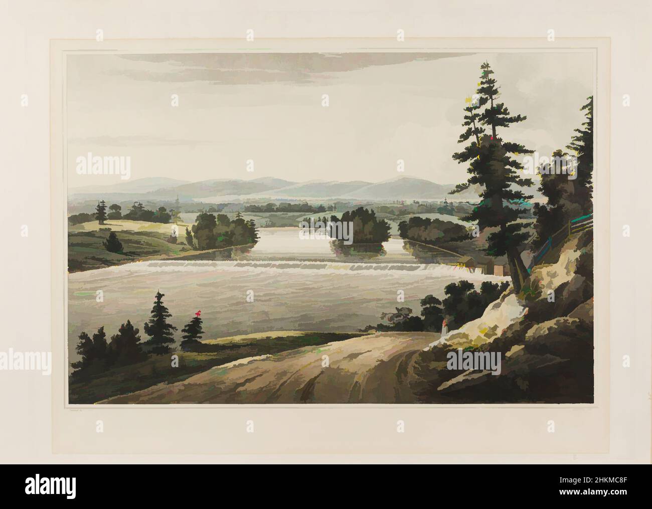 Art Inspired by View near Sandy Hill, from 'The Hudson River Portfolio', William Guy Wall, Irish, 1792-after 1864, John Hill, American (Born England), 1770-1850, 1822-23, handkoloriertes Aquatinta, Radierung, Und Gravur, Sandy Hill, New York, USA, Nord- und Mittelamerika, Classic Works modernisiert von Artotop mit einem Schuss Moderne. Formen, Farbe und Wert, auffällige visuelle Wirkung auf Kunst. Emotionen durch Freiheit von Kunstwerken auf zeitgemäße Weise. Eine zeitlose Botschaft, die eine wild kreative neue Richtung verfolgt. Künstler, die sich dem digitalen Medium zuwenden und die Artotop NFT erschaffen Stockfoto
