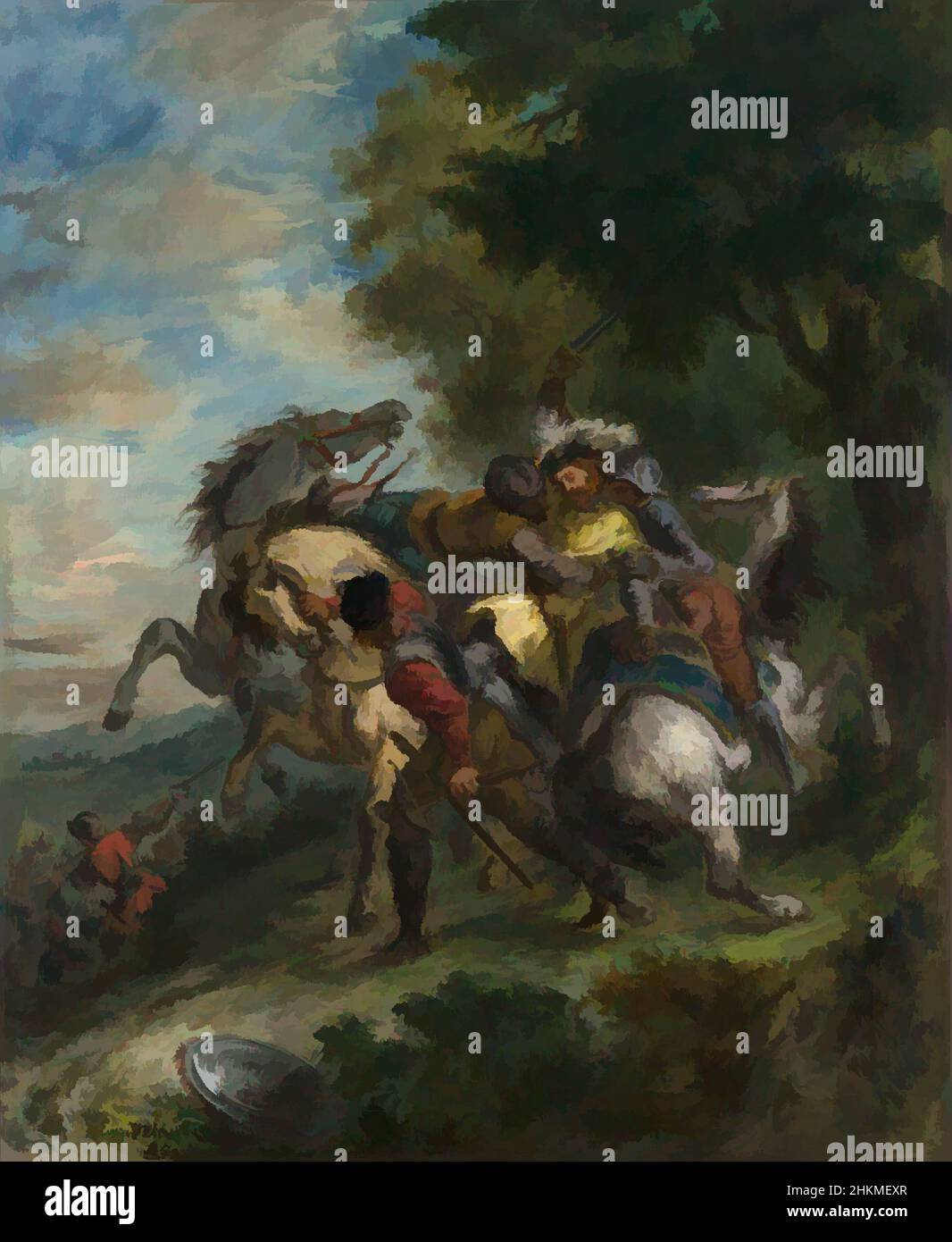 Kunst inspiriert von Weislingen, gefangen von Götz's Men, Eugène Delacroix, französisch, 1798-1863, 1853, Öl auf Leinwand, hergestellt in Paris, Île-de-France, Westeuropa, Frankreich, Europa, Gemälde, 29 x 24 Zoll (73,7 x 61 cm, Classic Works modernisiert von Artotop mit einem Schuss Modernität. Formen, Farbe und Wert, auffällige visuelle Wirkung auf Kunst. Emotionen durch Freiheit von Kunstwerken auf zeitgemäße Weise. Eine zeitlose Botschaft, die eine wild kreative neue Richtung verfolgt. Künstler, die sich dem digitalen Medium zuwenden und die Artotop NFT erschaffen Stockfoto