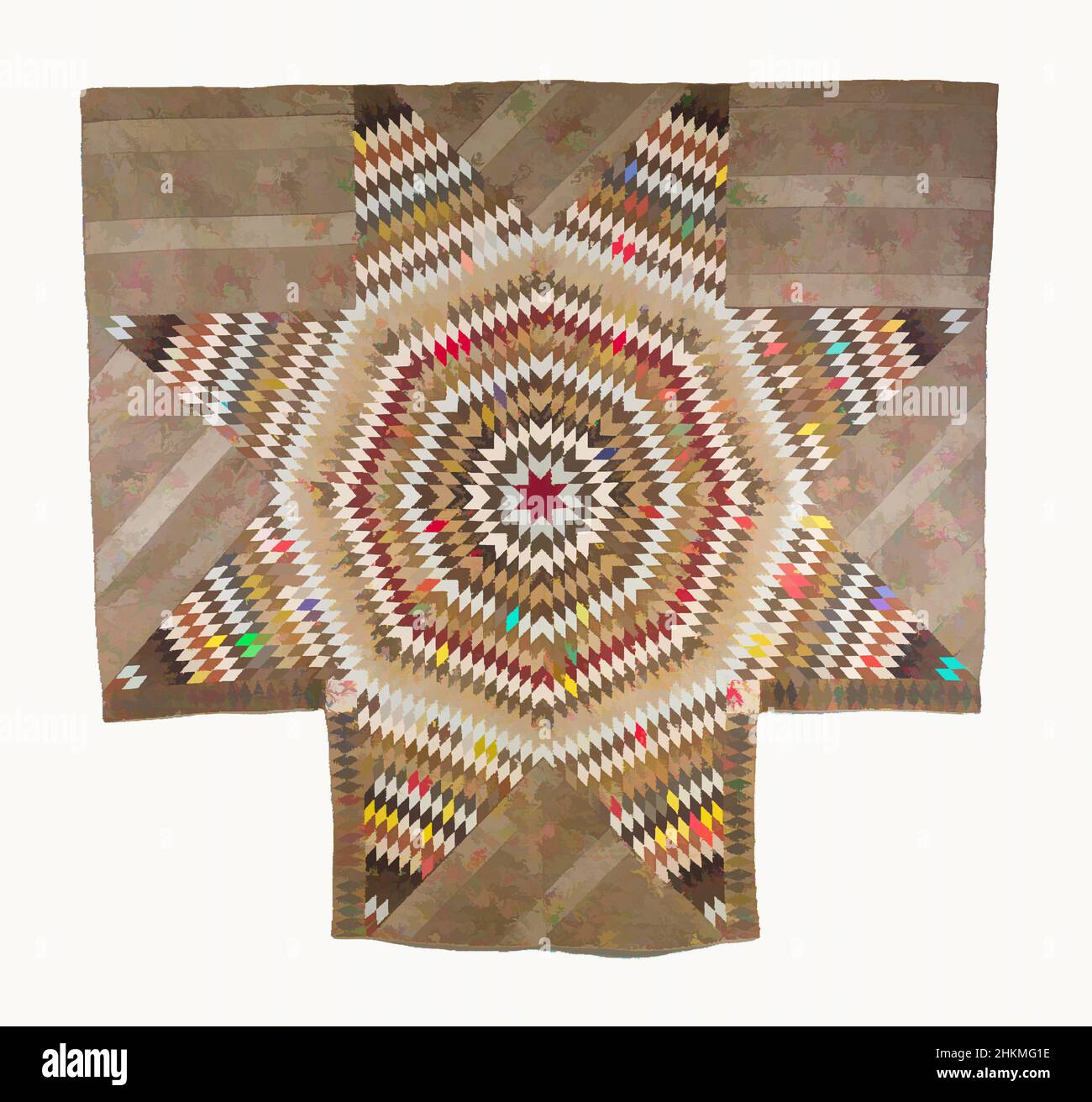 Art inspired by Star Quilt, American, 1830s, Cotton, made in United States, North and Central America, coverings & hangings, textiles, 107 x 112 Zoll (271,8 x 284,5 cm, Classic Works modernisiert von Artotop mit einem Schuss Modernität. Formen, Farbe und Wert, auffällige visuelle Wirkung auf Kunst. Emotionen durch Freiheit von Kunstwerken auf zeitgemäße Weise. Eine zeitlose Botschaft, die eine wild kreative neue Richtung verfolgt. Künstler, die sich dem digitalen Medium zuwenden und die Artotop NFT erschaffen Stockfoto