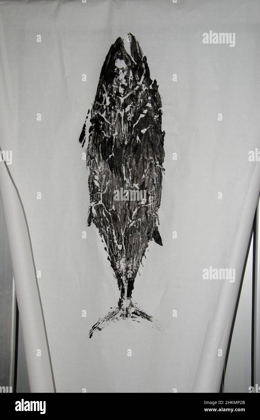 Gyotaku-Druck eines Atlantischen Bonito Sarda sarda. Traditionelle japanische Methode des Fischdrucks. Gran Canaria. Kanarische Inseln. Spanien. Stockfoto
