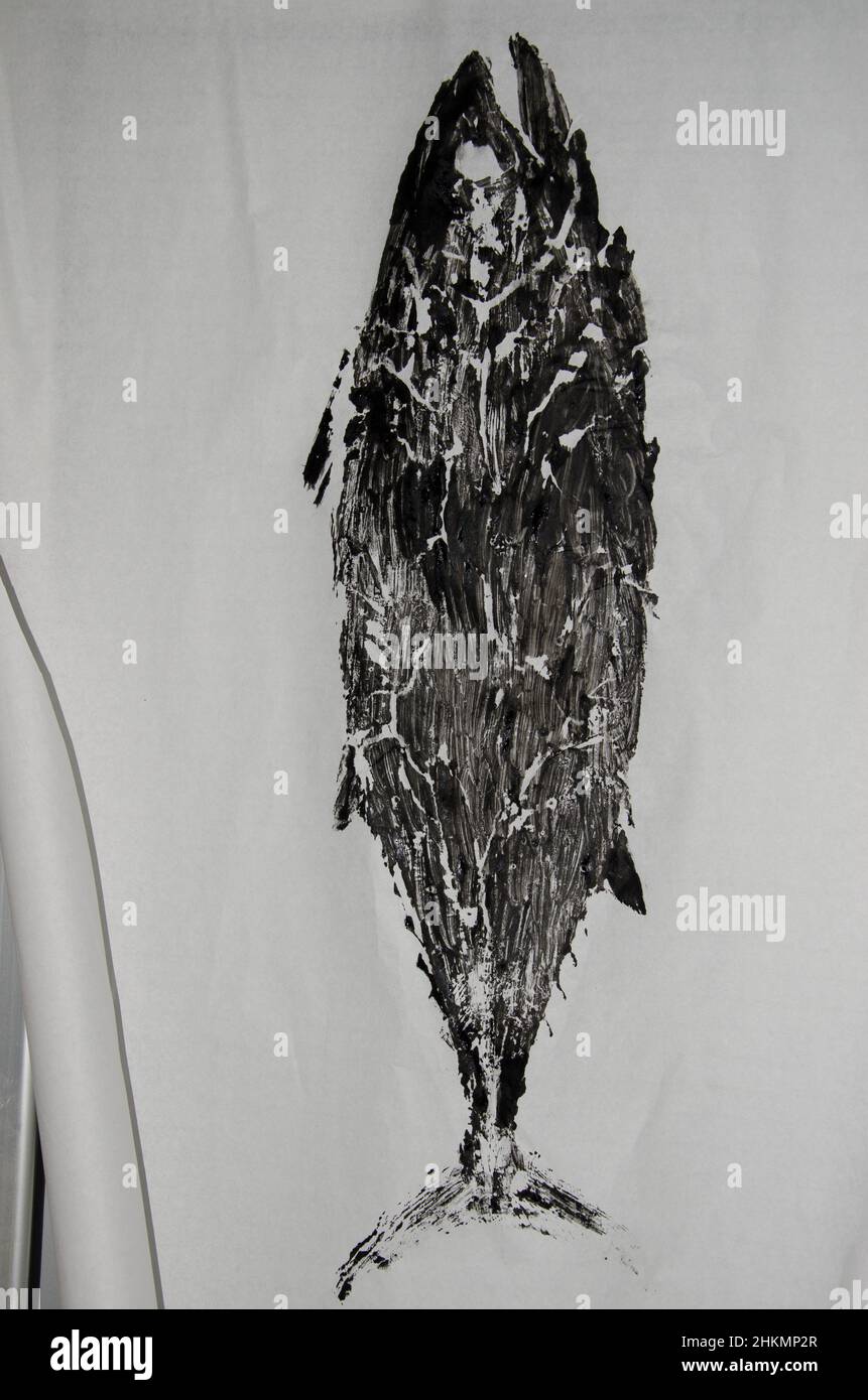 Gyotaku-Druck eines Atlantischen Bonito Sarda sarda. Traditionelle japanische Methode des Fischdrucks. Gran Canaria. Kanarische Inseln. Spanien. Stockfoto