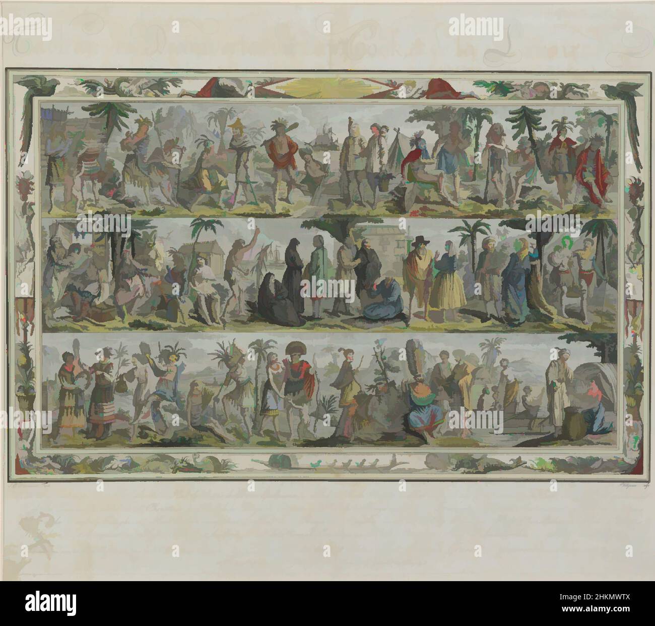 Kunst inspiriert von Bild der Entdeckungen von Captain Cook und La Perouse., Jacques Saint-Sauveur, um 1796, Frankreich, Gravur, Jacques Grasset de Saint-Sauveur besuchte nie den Pazifik, sondern basierte seine Darstellungen auf Zeichnungen und Beschreibungen früherer Entdecker und Künstler, wobei die von Artotop modernisierten Classic Works mit einem Schuss Moderne ausgestattet waren. Formen, Farbe und Wert, auffällige visuelle Wirkung auf Kunst. Emotionen durch Freiheit von Kunstwerken auf zeitgemäße Weise. Eine zeitlose Botschaft, die eine wild kreative neue Richtung verfolgt. Künstler, die sich dem digitalen Medium zuwenden und die Artotop NFT erschaffen Stockfoto