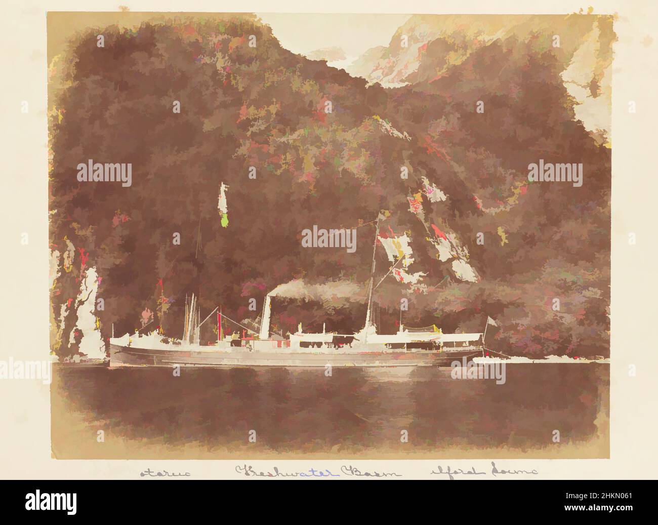 Kunst inspiriert von Milford Sound: Rotorua. Der Anfang für Zuhause. Aus dem Album: Neuseeländisches Album, Burton Brothers Studio, Fotograf, 1879, Dunedin, Albumen Process, Classic Works modernisiert von Artotop mit einem Schuss Moderne. Formen, Farbe und Wert, auffällige visuelle Wirkung auf Kunst. Emotionen durch Freiheit von Kunstwerken auf zeitgemäße Weise. Eine zeitlose Botschaft, die eine wild kreative neue Richtung verfolgt. Künstler, die sich dem digitalen Medium zuwenden und die Artotop NFT erschaffen Stockfoto