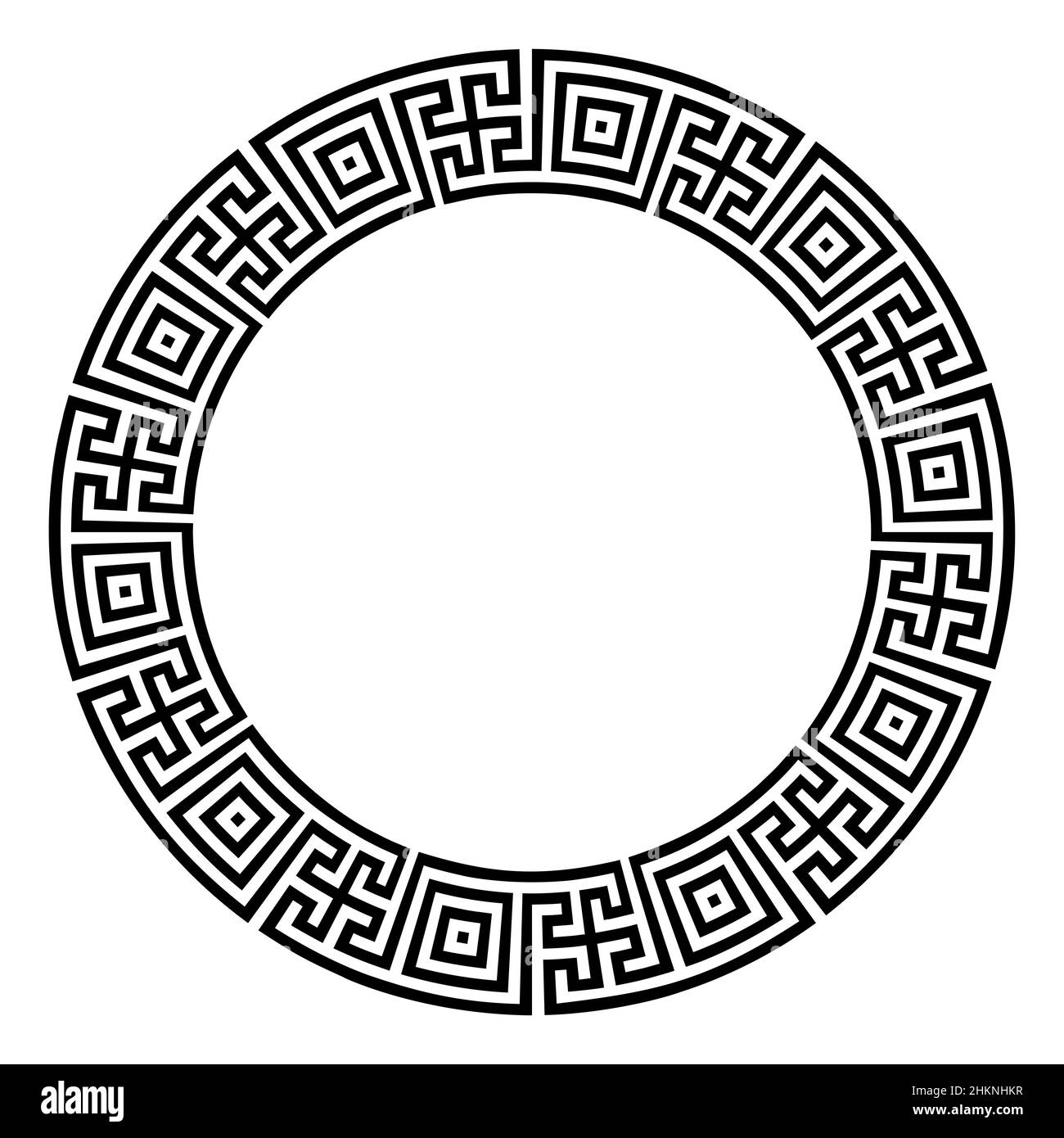 Doppeltes Mäander-Muster, bestehend aus Quadraten und Kreuzen, einem Kreisrahmen und einem dekorativen runden Rand, mit Linien, geformt zu einem wiederholten Motiv. Stockfoto
