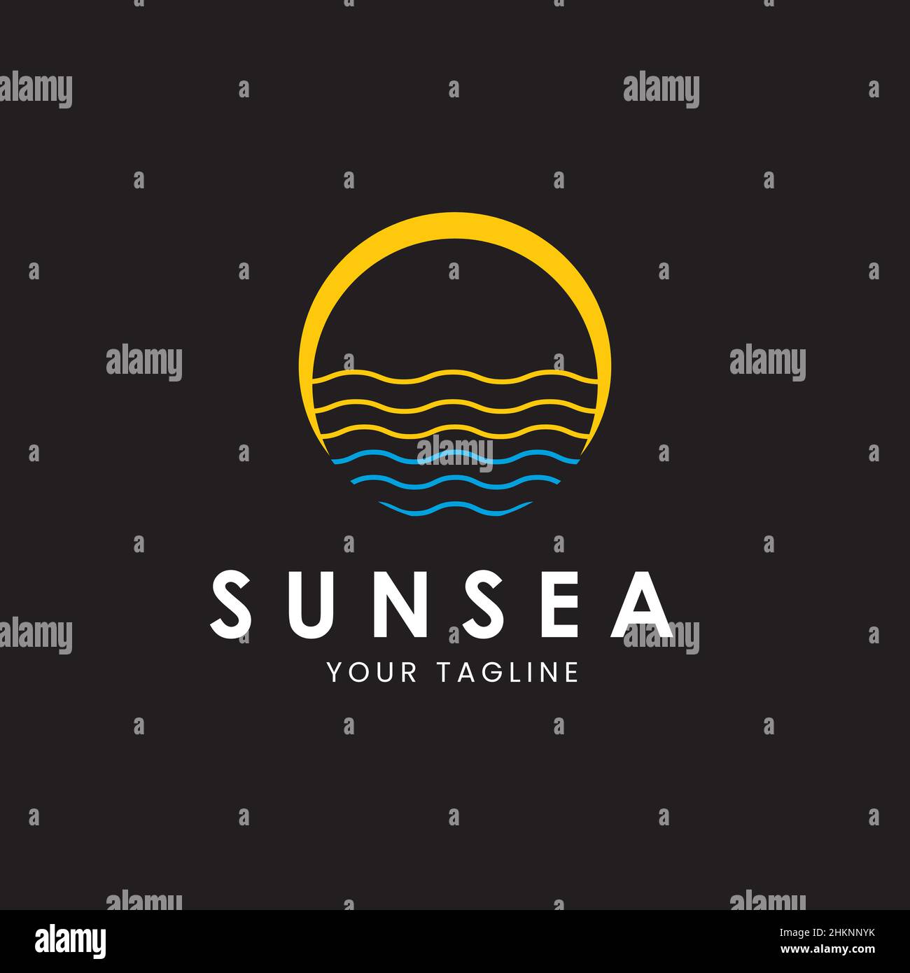Sonne und Meer Logo. Ocean Wave Line und Icon Style.auf dunklem Hintergrund Stock Vektor