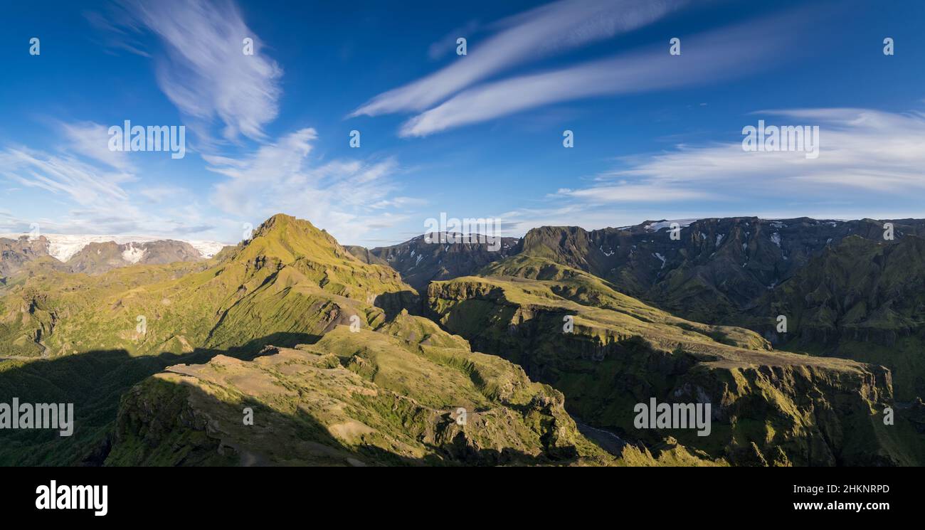 Luftaufnahme des Þórsmörk-Tals in Isisnad Stockfoto